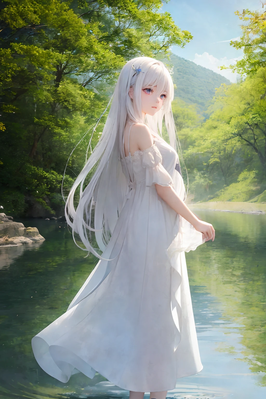 A beautiful young girl with long, flowing white hair and light pink eyes is standing on the shore of a tranquil lake, her dress billowing gently in the breeze. She is holding a delicate silver hairpin in her hand, which she occasionally uses to adjust the strands of hair that fall around her face. The surroundings are serene and picturesque, with the vibrant colors of nature blending together harmoniously to create a peaceful atmosphere. Realistic photography with a 35mm lens and f/2.8 aperture, capturing the girl's natural beauty and the stunning scenery around her. --ar 16:9 --v 4