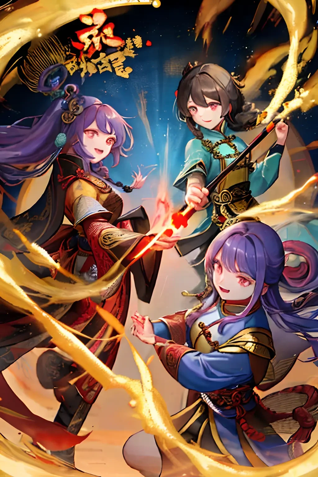 Three Kingdoms style, task: Zhang Jiao, action: holding charms in hands, casting spells with two fingers, character surrounded by dazzling special effects.