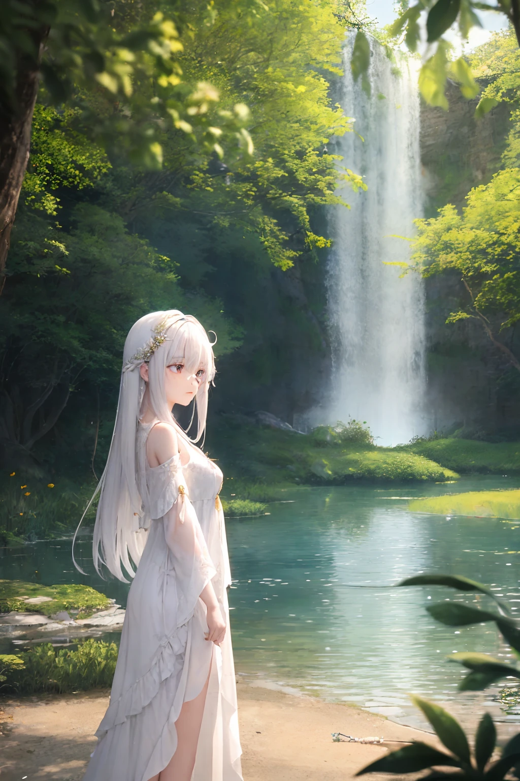 A beautiful young girl with long white tasselled hair and light pink eyes is standing on the shore of a tranquil lake, her dress gently swaying in the breeze. She holds a delicate silver hairpin in her hand, occasionally using it to adjust the strands of hair falling around her face. The serene surroundings blend harmoniously with vibrant natural colors, creating a peaceful atmosphere. This is a high-definition 8K work of fantasy art that is hand-drawn and showcases dreamlike imagery and intricate details, allowing viewers to immerse themselves in a world of boundless imagination. --ar 16:9 --v 4