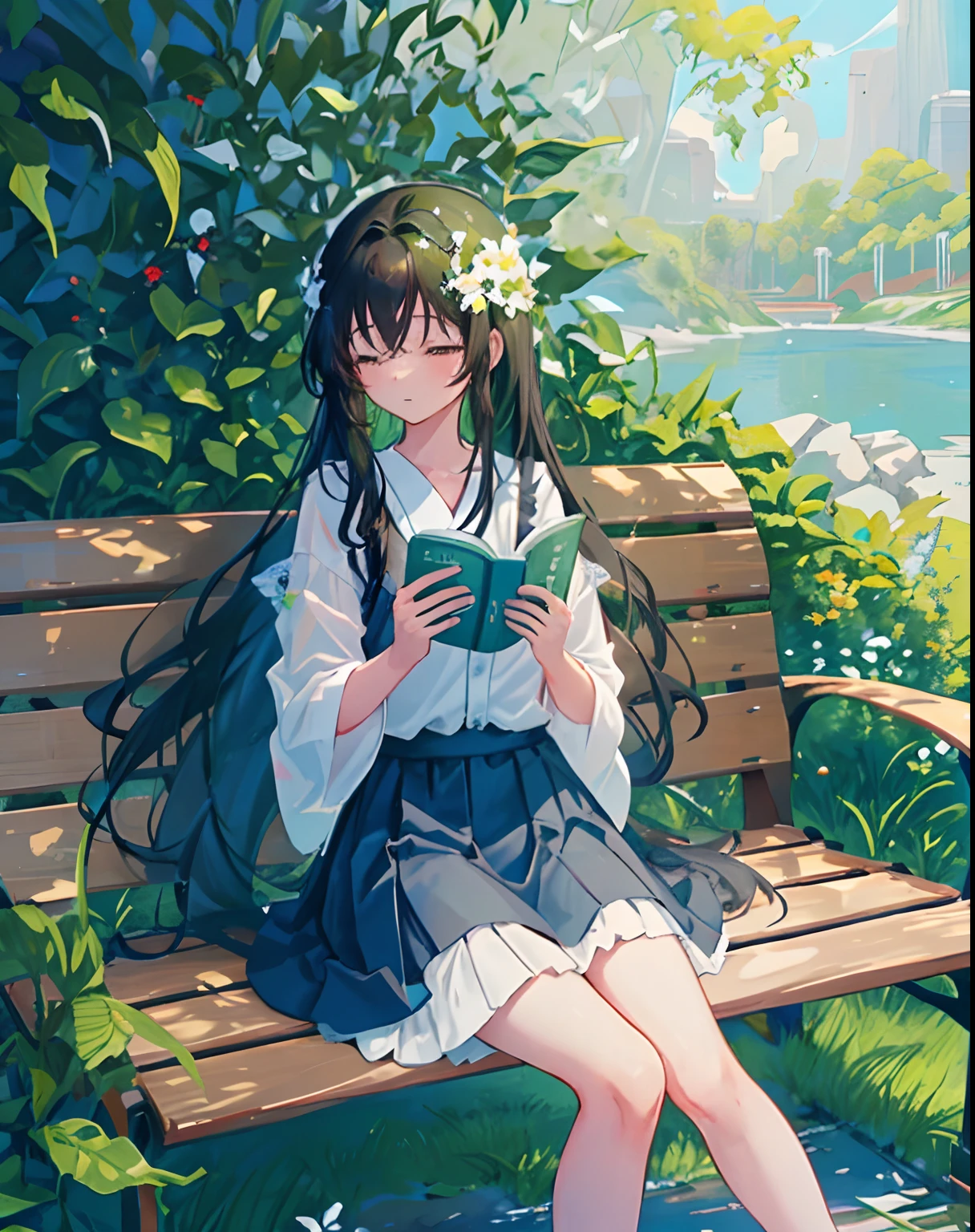  A cute and charming girl with long, luscious black hair cascading down her back in gentle waves is sitting on a park bench, engrossed in a book while the wind gently rustles her skirt. The environment is idyllic and serene, with colorful flowers and lush trees swaying in the breeze. The overall mood is tranquil and peaceful, exuding a sense of contentment and joy. Hand-drawn anime style with bright colors and soft outlines, emphasizing the girl's adorable features and the natural beauty of the scene. --ar 9:16 --niji