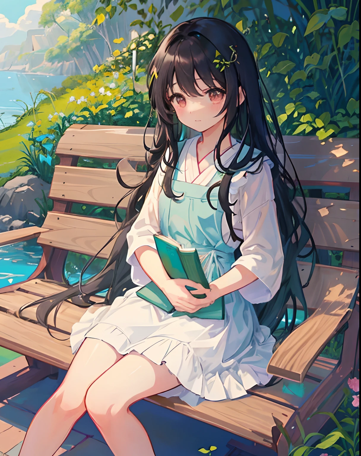 A cute and charming girl with long, luscious black hair cascading down her back in gentle waves is sitting on a park bench, engrossed in a book while the wind gently rustles her skirt. The environment is idyllic and serene, with colorful flowers and lush trees swaying in the breeze. The overall mood is tranquil and peaceful, exuding a sense of contentment and joy. Hand-drawn anime style with bright colors and soft outlines, emphasizing the girl's adorable features and the natural beauty of the scene. --ar 9:16 --niji