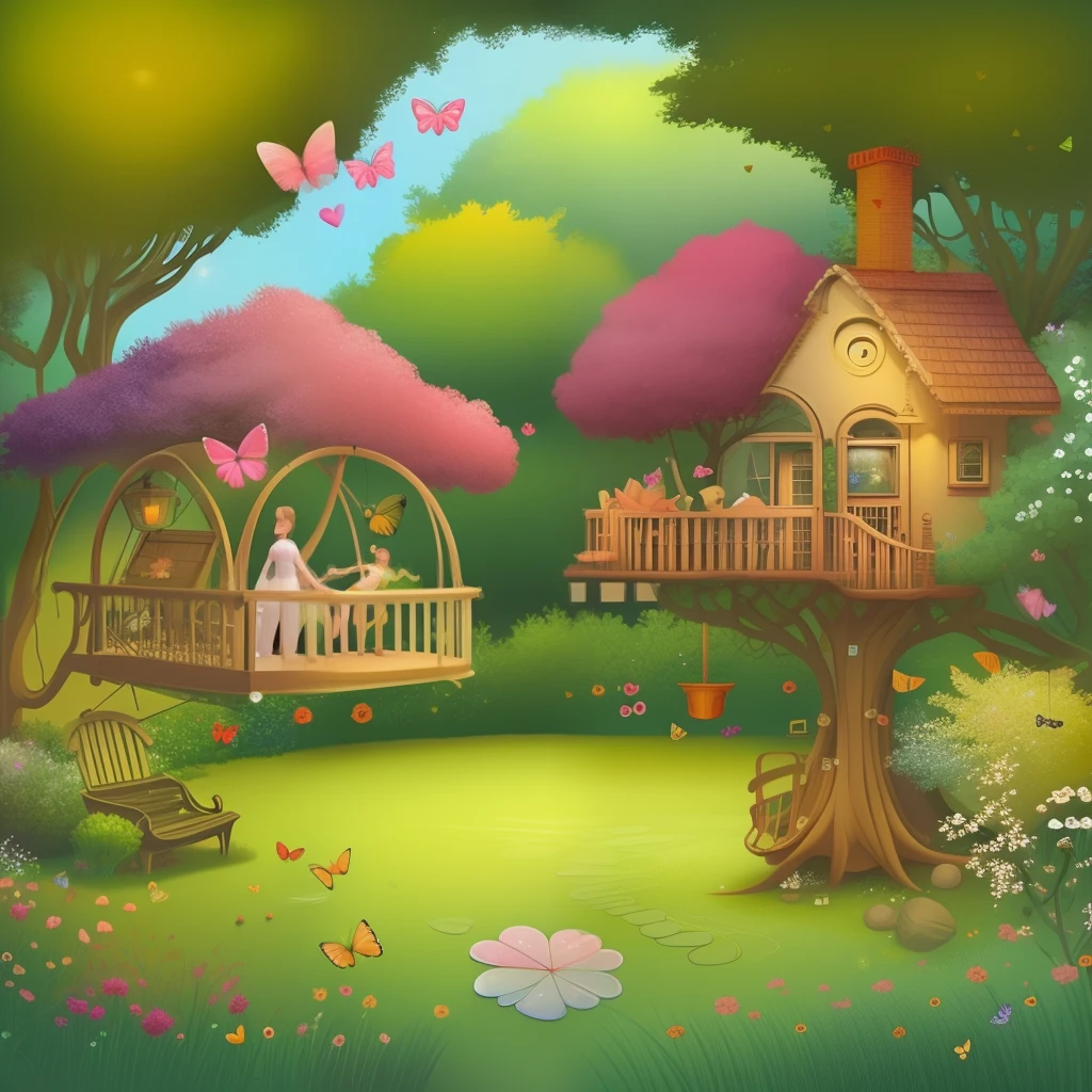 Warm house, garden, couples, dancing, grass, butterflies, swings, flowers