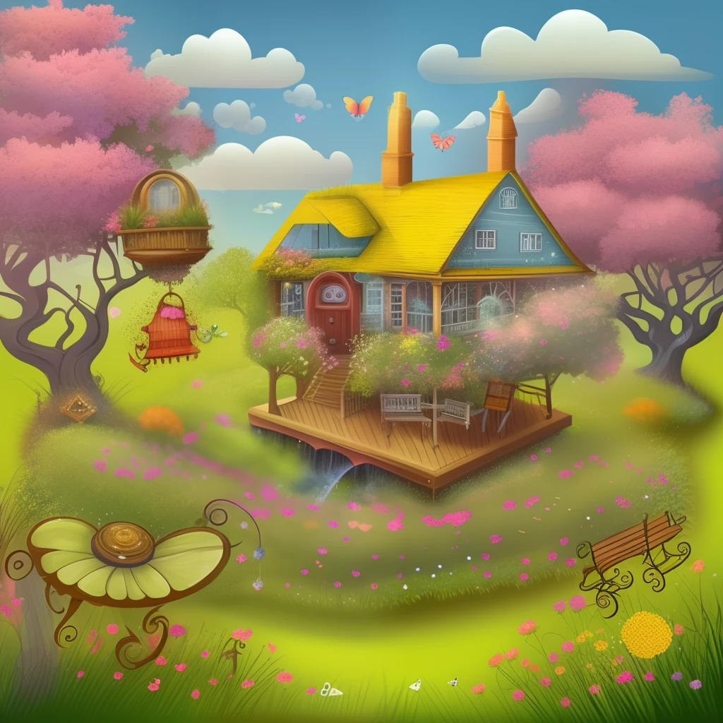 Warm house, garden, couples, dancing, grass, butterflies, swings, flowers