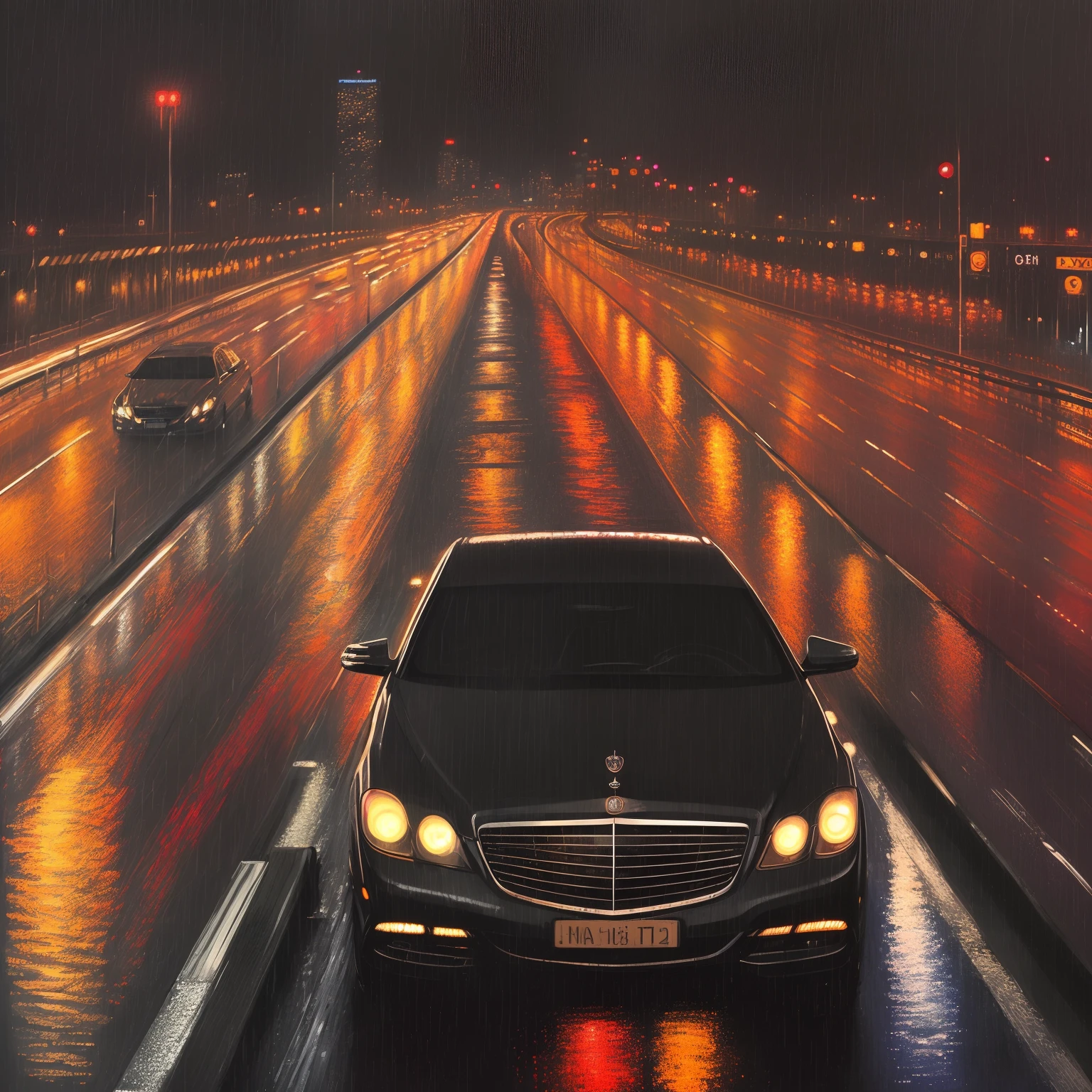 ((best quality)), ((ultradetailed)), ((masterpiece)), illustration,
Rainy night, Maybach, highway, chasing from behind, dark shadow, towering car body, expansive expressway, toll booth, exiting the highway, fear.