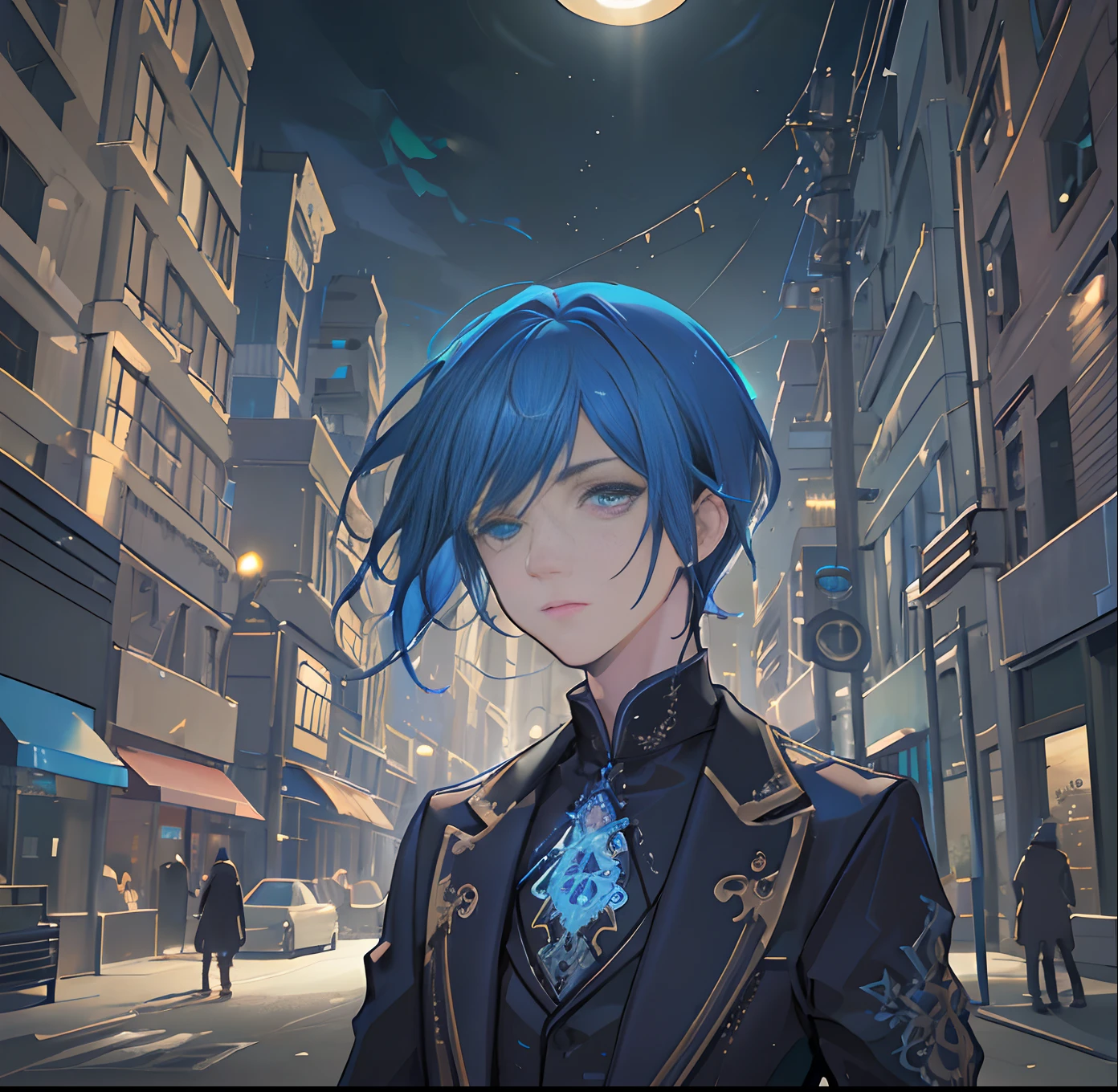 best quality, a blue-haired man, face detailed, street, (hdr:1.3), filmic,(intricate details:1.22, hyperdetailed:1.2),dramatic, intense, cinematic composition, cinematic lighting, (rim lighting:1.3), color grading, focused