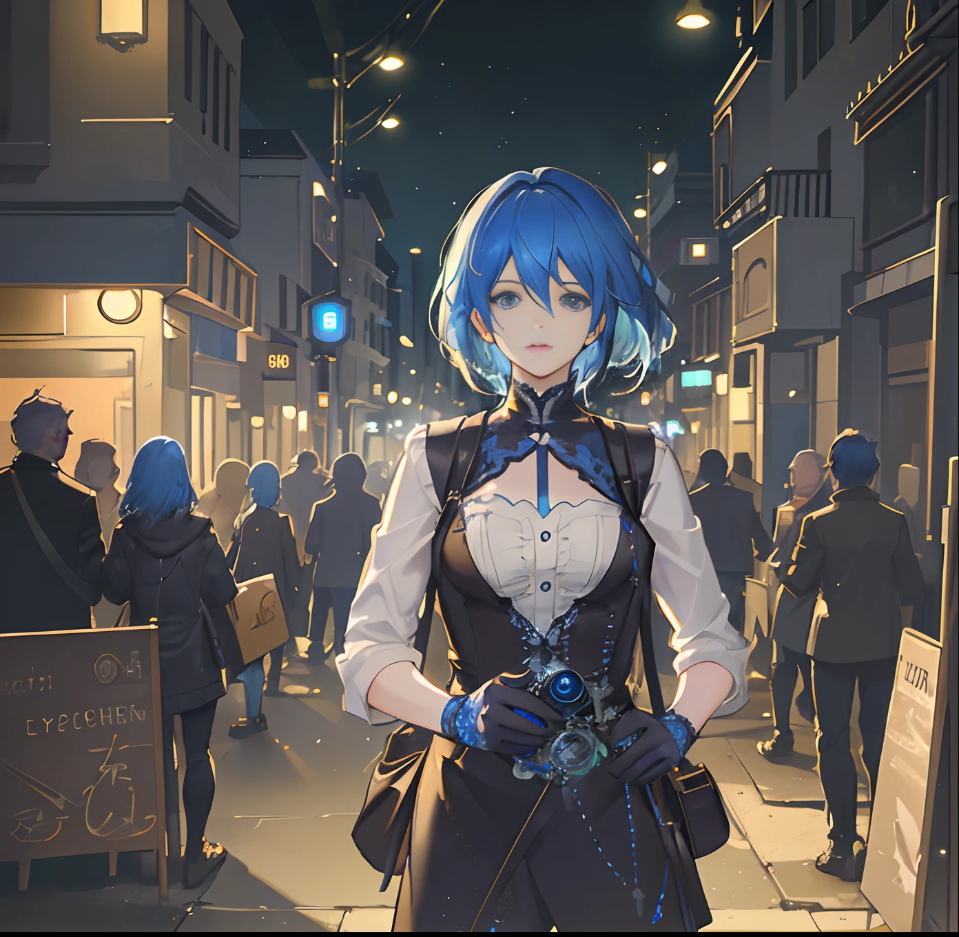 best quality, a blue-haired man, face detailed, street, (hdr:1.3), filmic,(intricate details:1.22, hyperdetailed:1.2),dramatic, intense, cinematic composition, cinematic lighting, (rim lighting:1.3), color grading, focused