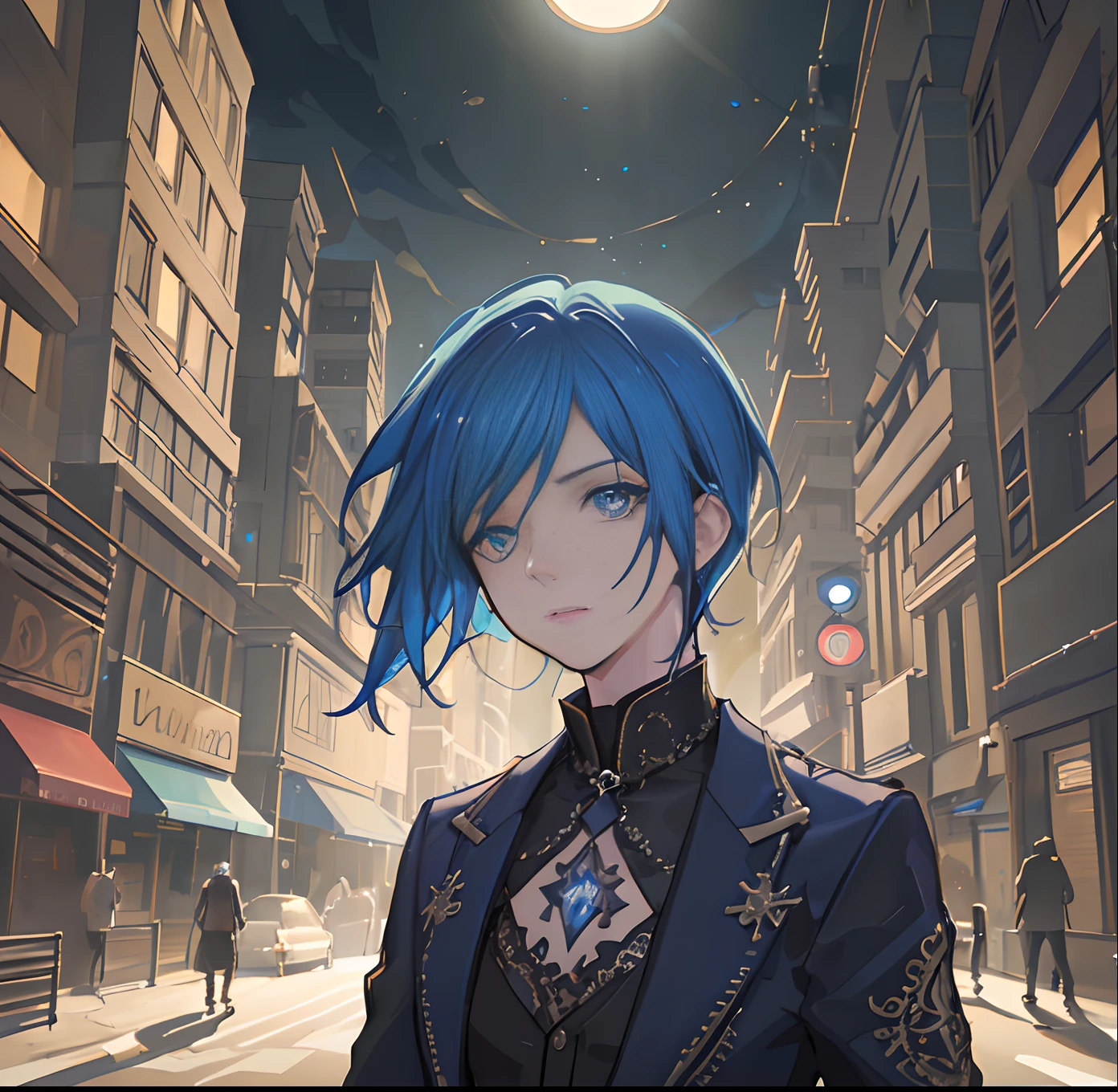 best quality, a blue-haired man, face detailed, street, (hdr:1.3), filmic,(intricate details:1.22, hyperdetailed:1.2),dramatic, intense, cinematic composition, cinematic lighting, (rim lighting:1.3), color grading, focused