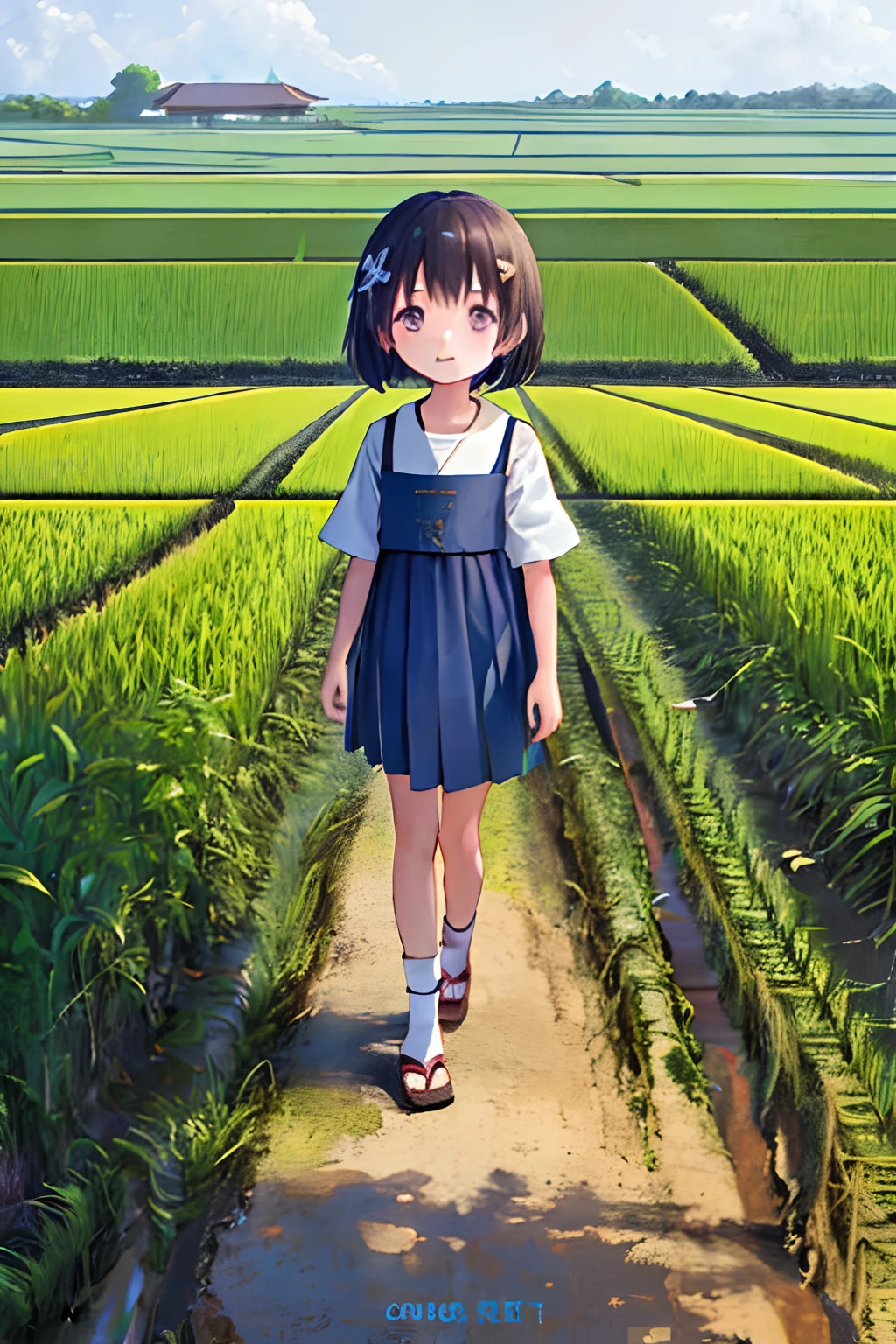 a girl,Dense rice fields,summer,childhood,take a walk,pathway