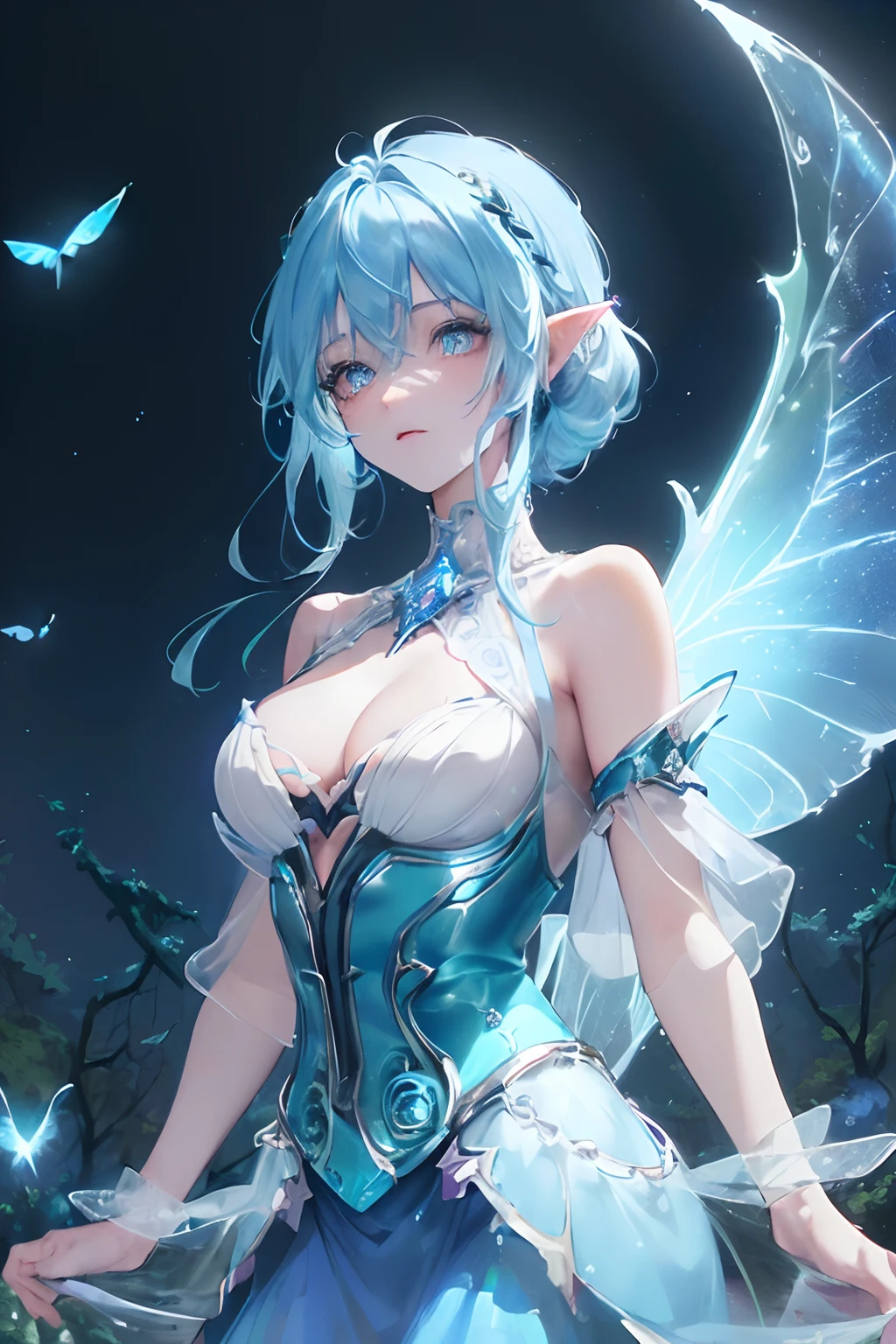 <(masterpiece:1.4), (extremely intricate:1.2)>,upper body, fantasy, (cowboy shot:1.3), (blue hair), (blue gradient hair), fairy, fantasy clothes, (transparent fairy wings), blue skin, pixie ears, (in the enchanted forest:1.3), (blue neon trees), (night:1.4), (neon fireflies), glowing dust, white particles in the air,