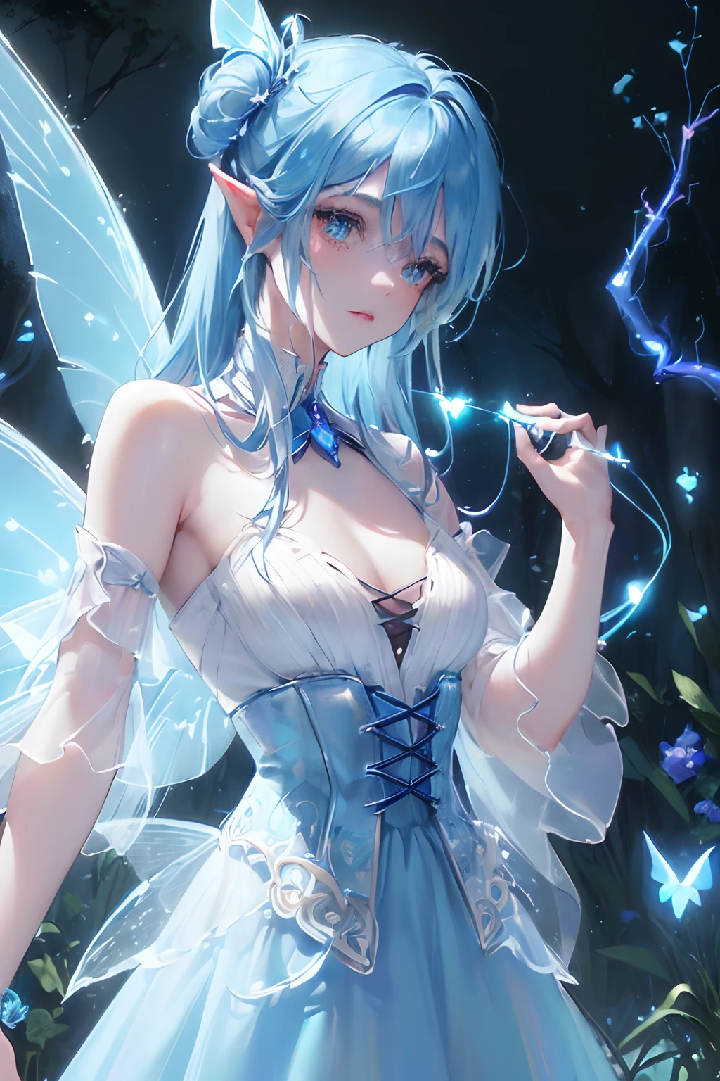 <(masterpiece:1.4), (extremely intricate:1.2)>,upper body, fantasy, (cowboy shot:1.3), (blue hair), (blue gradient hair), fairy, fantasy clothes, (transparent fairy wings), blue skin, pixie ears, (in the enchanted forest:1.3), (blue neon trees), (night:1.4), (neon fireflies), glowing dust, white particles in the air,