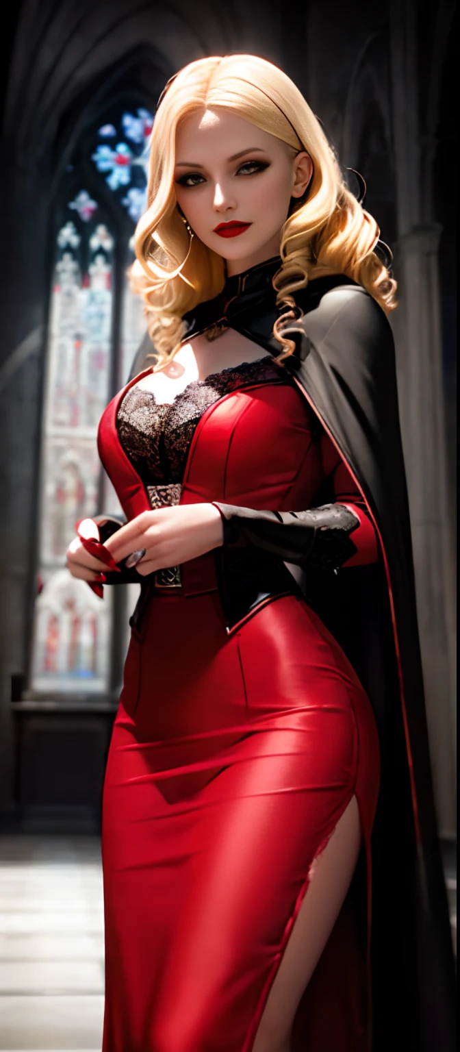 dim light, old church, mature female vampire, red lips, expose vampire tusk, glowing blue pupils, slim, tall, long blonde curly hair, long black cape, red leotardy long lace-skirt with diamond, bracelet, 8k, Unreal engine, highly detailed, octane render,bad face