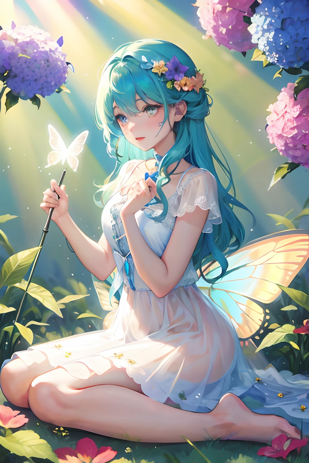 Flower fairy, transparent colorful wings, magic wand, forest, flowers, butterflies, sunlight,Best quality, cinematic lighting and shadow