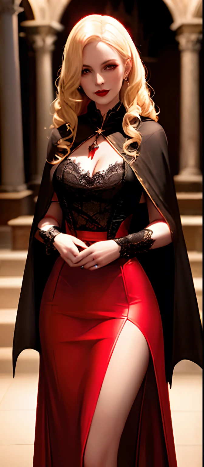 dim light, old church, mature female vampire, red lips, expose vampire tusk, glowing blue pupils, slim, tall, long blonde curly hair, long black cape, red leotardy long lace-skirt with diamond, gold bracelet, 8k, Unreal engine, highly detailed, octane render