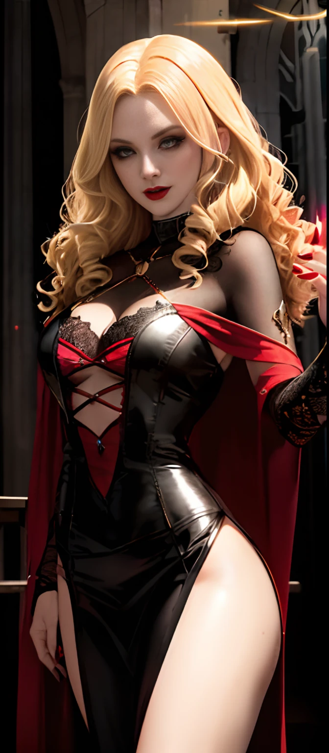 dim light, old church, mature female vampire, red lips, expose vampire tusk, glowing blue pupils, slim, tall, long blonde curly hair, long black cape, red leotardy long lace-skirt with diamond, gold bracelet, 8k, Unreal engine, highly detailed, octane render,mad face