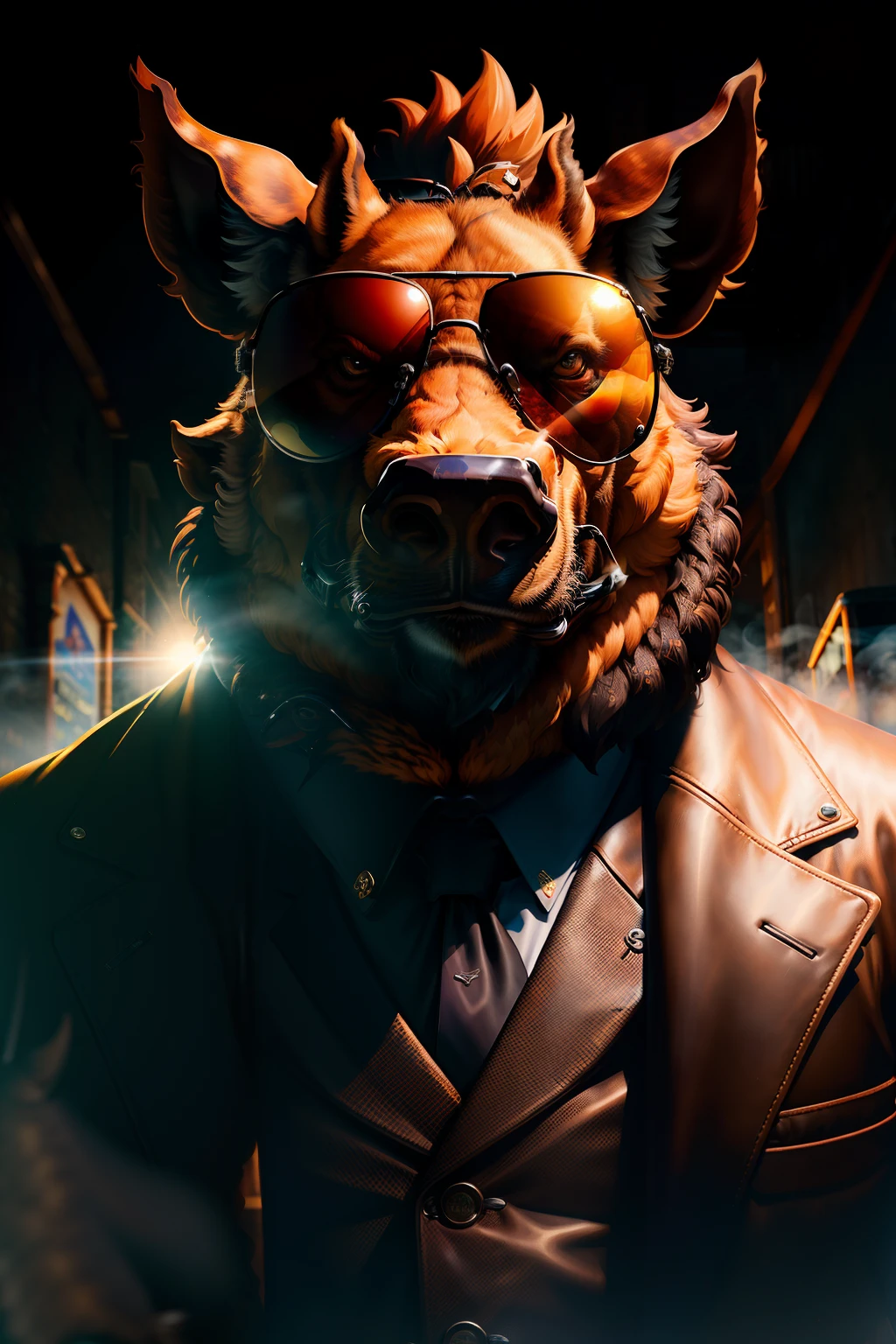 ((best quality)), ((ultradetailed)), ((masterpiece)), photograph,, theme: anthropomorphic animal mafia, character: wild boar, sunglasses,strong, fierce,riding a motorcycle.realistic style, resolution: 4K.