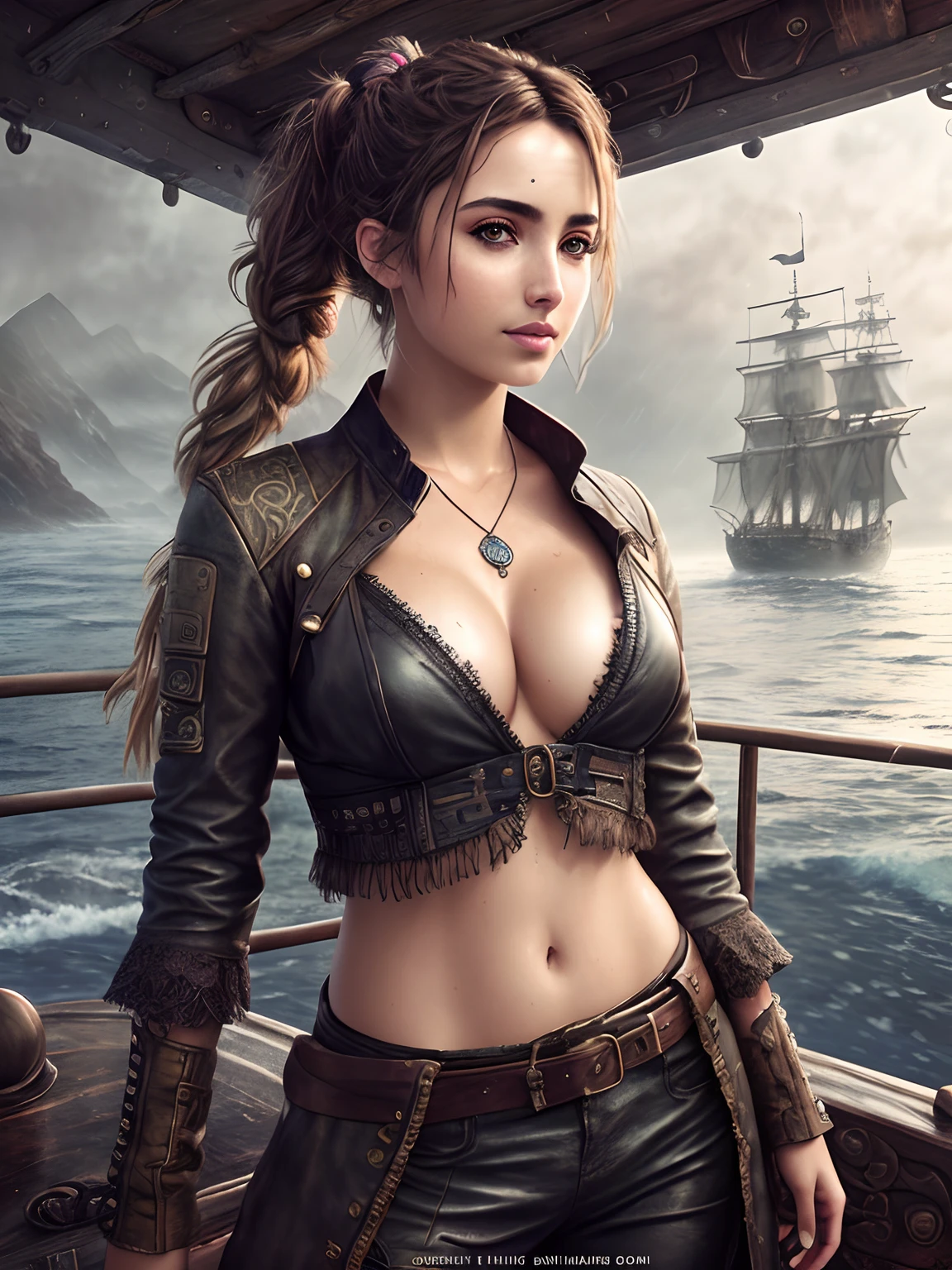 a portrait photo Ana de Armas, natural skin texture, 24mm, 4k textures, dirty skin, soft cinematic light, adobe lightroom, photolab, smiling, bandana, detailed rain, detailed braided pirate pigtails, detailed water drops, wet skin, freezing, masterpiece, (beautiful detailed eyes:1.1), best quality, illustration, (detailed lighting:1.2), (beautiful detailed glow:1.3), leather clothing, deep cleavage, intricate, digital painting, smooth, sharp focus, end of the world, epic realistic, (hdr:1.4), (muted colors:1.4), pirates, neutral colors, night, screen space refractions, (intricate details, hyperdetailed:1.3), cinematic shot, vignette, sea ship deck background, pirate ships battle background, dim colors