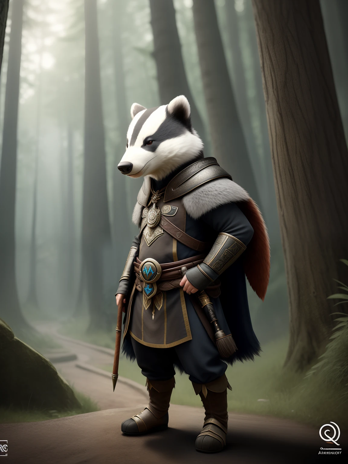 **Full Length Shot,a cute Badger
anthropomorphism, shaman wizard,
style,amazing epic ancient theme,
fairy tale, highly
detailed, dynamic, cinematic, stunning, realistic
lighting and shading, vivid, vibrant, 8k,octane
render, unreal engine, very detailed, concept art,
realistic, Cry engine,
-ar 5:3 -q2 -s 750 -V
5**
5**