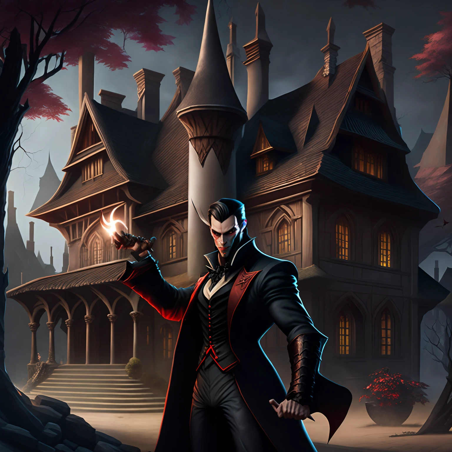 A vampire stretches out his finger to build the manor, with a front angle