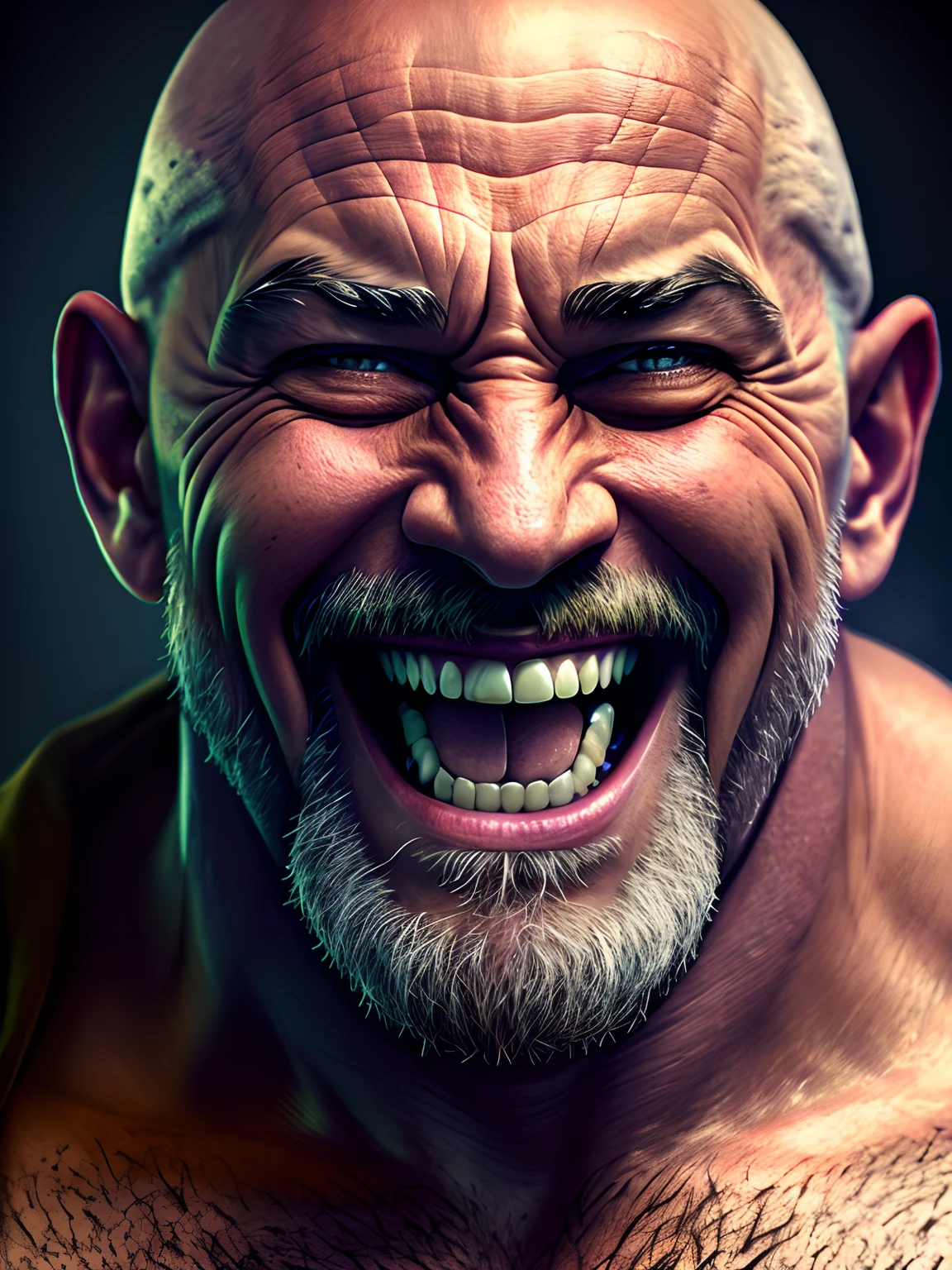 a portrait of a laughing, toxic, muscle, god, elder, (hdr:1.28), bald, hyperdetailed, cinematic, warm lights, intricate details, hyperrealistic, dark radial background, (muted colors:1.38), (neutral colors:1.2)