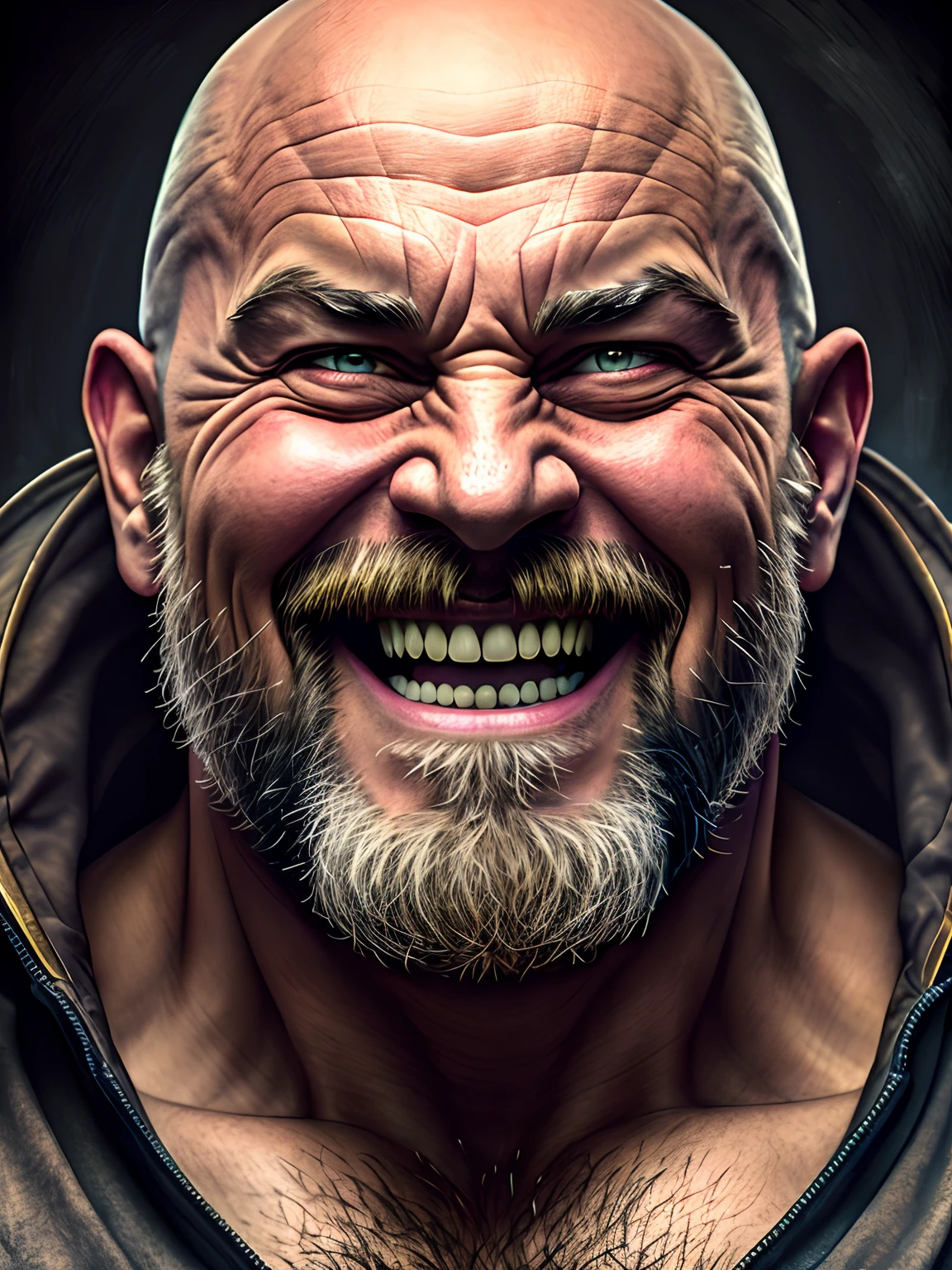 a portrait of a laughing, toxic, muscle, god, elder, (hdr:1.28), bald, hyperdetailed, cinematic, warm lights, intricate details, hyperrealistic, dark radial background, (muted colors:1.38), (neutral colors:1.2)
