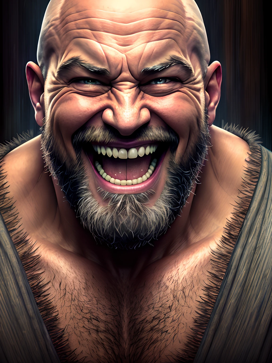 a portrait of a laughing, toxic, muscle, god, elder, (hdr:1.28), bald, hyperdetailed, cinematic, warm lights, intricate details, hyperrealistic, dark radial background, (muted colors:1.38), (neutral colors:1.2)