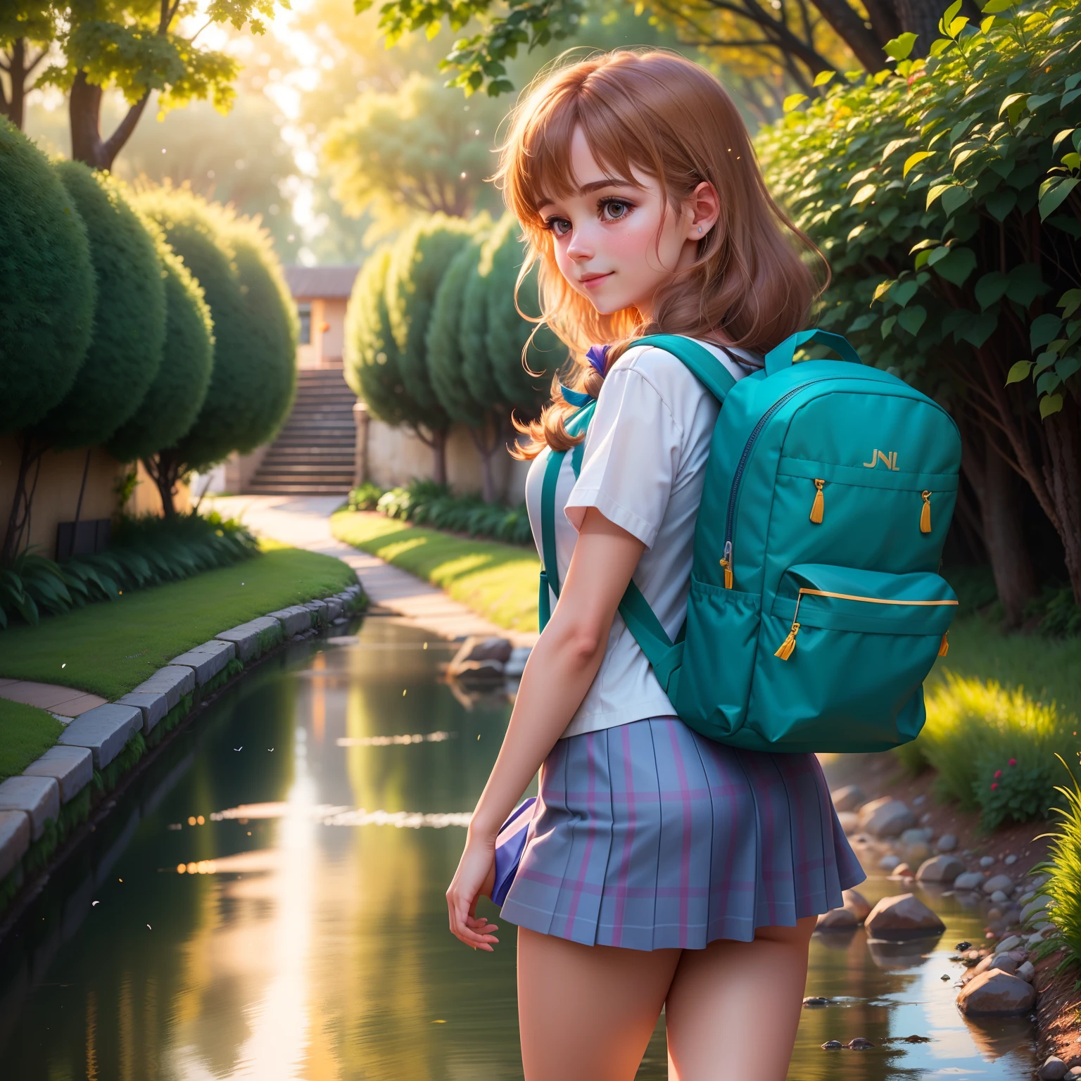 lora:jk_girl_v1.0, (8k, high quality), (realistic, photo-realistic: 1.5), lively, charming, energetic, solo, (the JK girl) walking home from school in the evening, wearing a short skirt and knee-high socks, with her backpack slung over one shoulder, she skips along the path beside a babbling brook, the setting sun casting a warm golden light across the landscape, (intricate details) captured perfectly, her hair swaying in the gentle breeze, a smile on her face as she hums a tune to herself. The serene sound of water bubbling and birds chirping fills the air, creating a peaceful atmosphere that perfectly complements her carefree spirit. Bokeh lights, cinematic lighting, (high attention to detail).