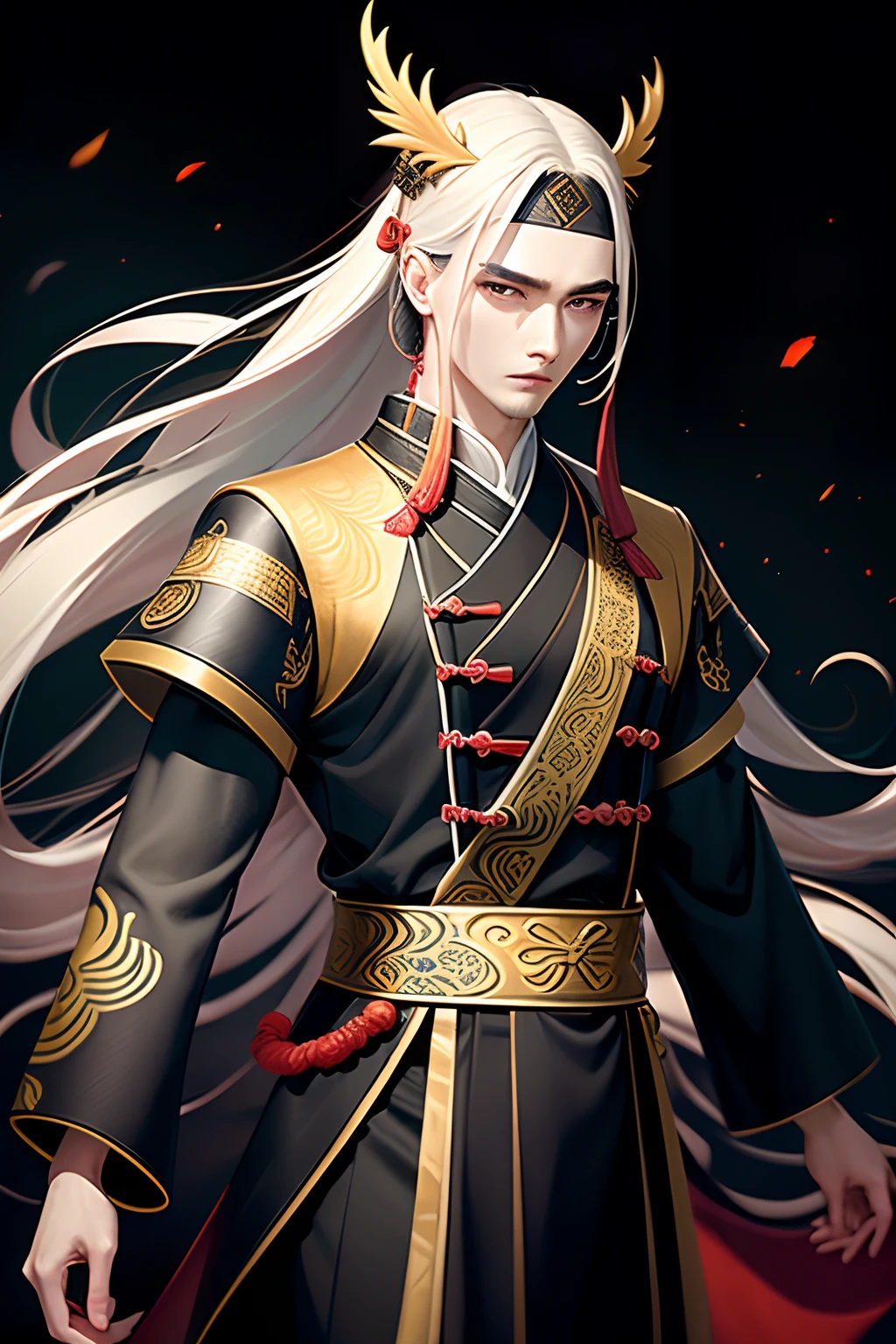 ((dashing)), a man dressed in ancient Chinese costume, ((dressed elegantly and exudes an ethereal charm)), tall and slender build, ((handsome facial features)), picturesque brows and eyes, long flowing hair, often covered with a black headband, agile and graceful movements, slim figure, and bright piercing eyes.