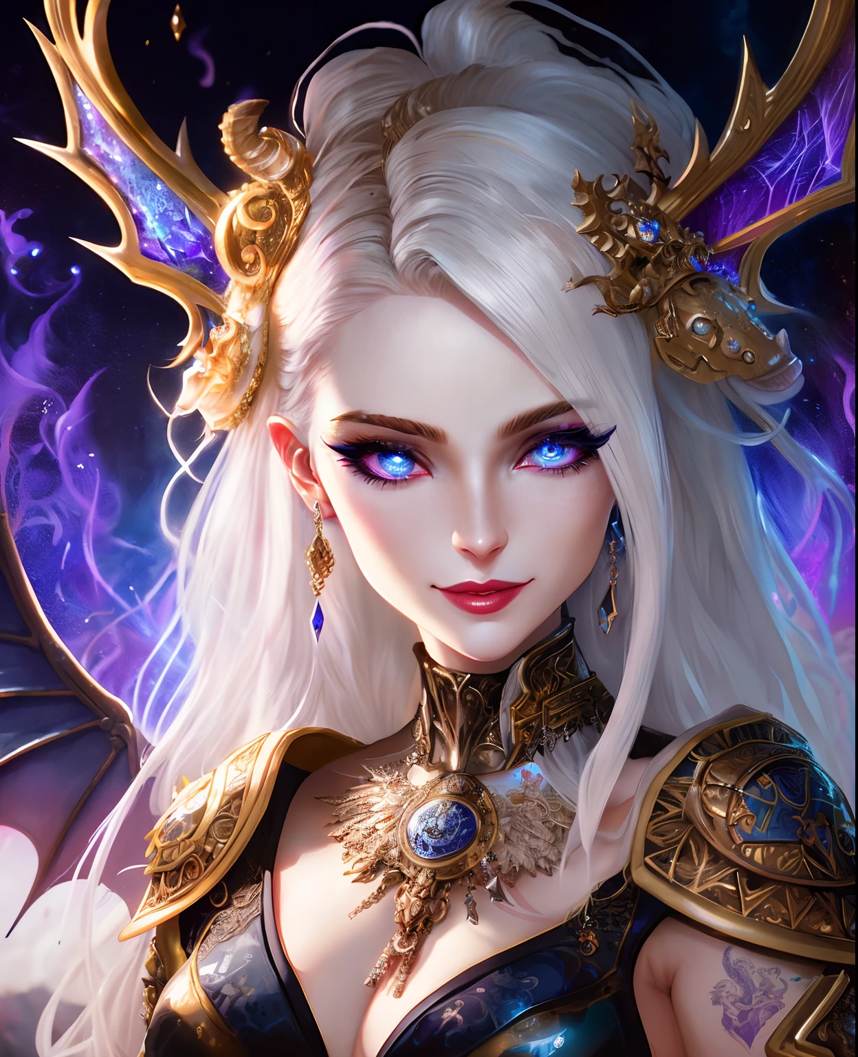 very complex hyper-maximalist overdetailed cinematic tribal fantasy closeup macro portrait of a heavenly beautiful young royal dragon queen with long platinum blonde windblown hair and dragon scale wings, Magic the gathering, pale wet skin and blue eyes and black lipstick ,flirting smiling passion seductive, vibrant high contrast, by andrei riabovitchev, tomasz alen kopera,moleksandra shchaslyva, peter mohrbacher, Omnious intricate, octane, moebius, arney freytag, Fashion photo shoot, glamorous pose, trending on ArtStation, dramatic lighting, ice, fire and smoke, orthodox symbolism Diesel punk, mist, ambient occlusion, volumetric lighting, Lord of the rings, BioShock, glamorous, emotional, tattoos,shot in the photo studio, professional studio lighting, backlit, rim lighting, Deviant-art, hyper detailed illustration, 8k