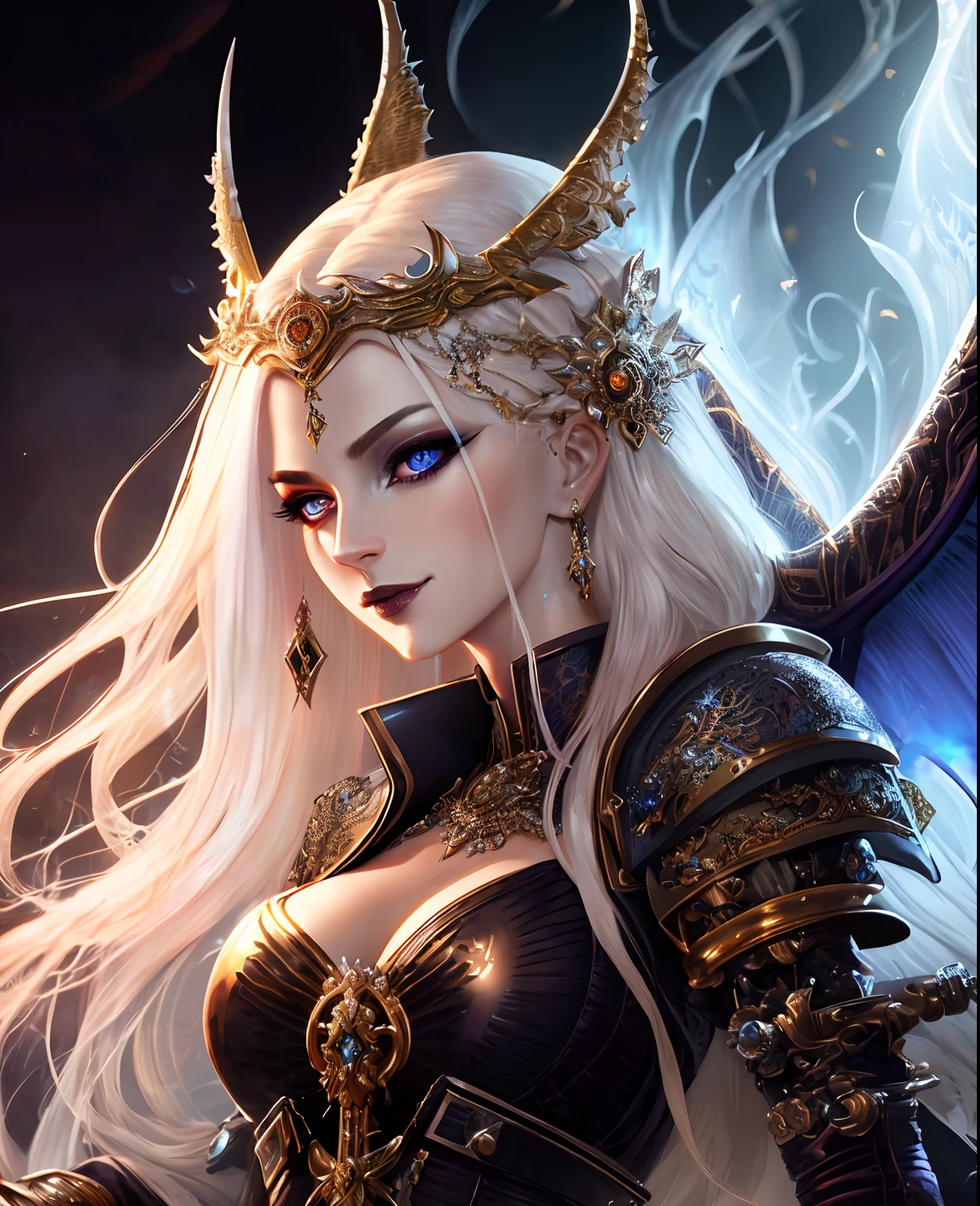 very complex hyper-maximalist overdetailed cinematic tribal fantasy closeup macro portrait of a heavenly beautiful young royal dragon queen with long platinum blonde windblown hair and dragon scale wings, Magic the gathering, pale wet skin and blue eyes and black lipstick ,flirting smiling passion seductive, vibrant high contrast, by andrei riabovitchev, tomasz alen kopera,moleksandra shchaslyva, peter mohrbacher, Omnious intricate, octane, moebius, arney freytag, Fashion photo shoot, glamorous pose, trending on ArtStation, dramatic lighting, ice, fire and smoke, orthodox symbolism Diesel punk, mist, ambient occlusion, volumetric lighting, Lord of the rings, BioShock, glamorous, emotional, tattoos,shot in the photo studio, professional studio lighting, backlit, rim lighting, Deviant-art, hyper detailed illustration, 8k