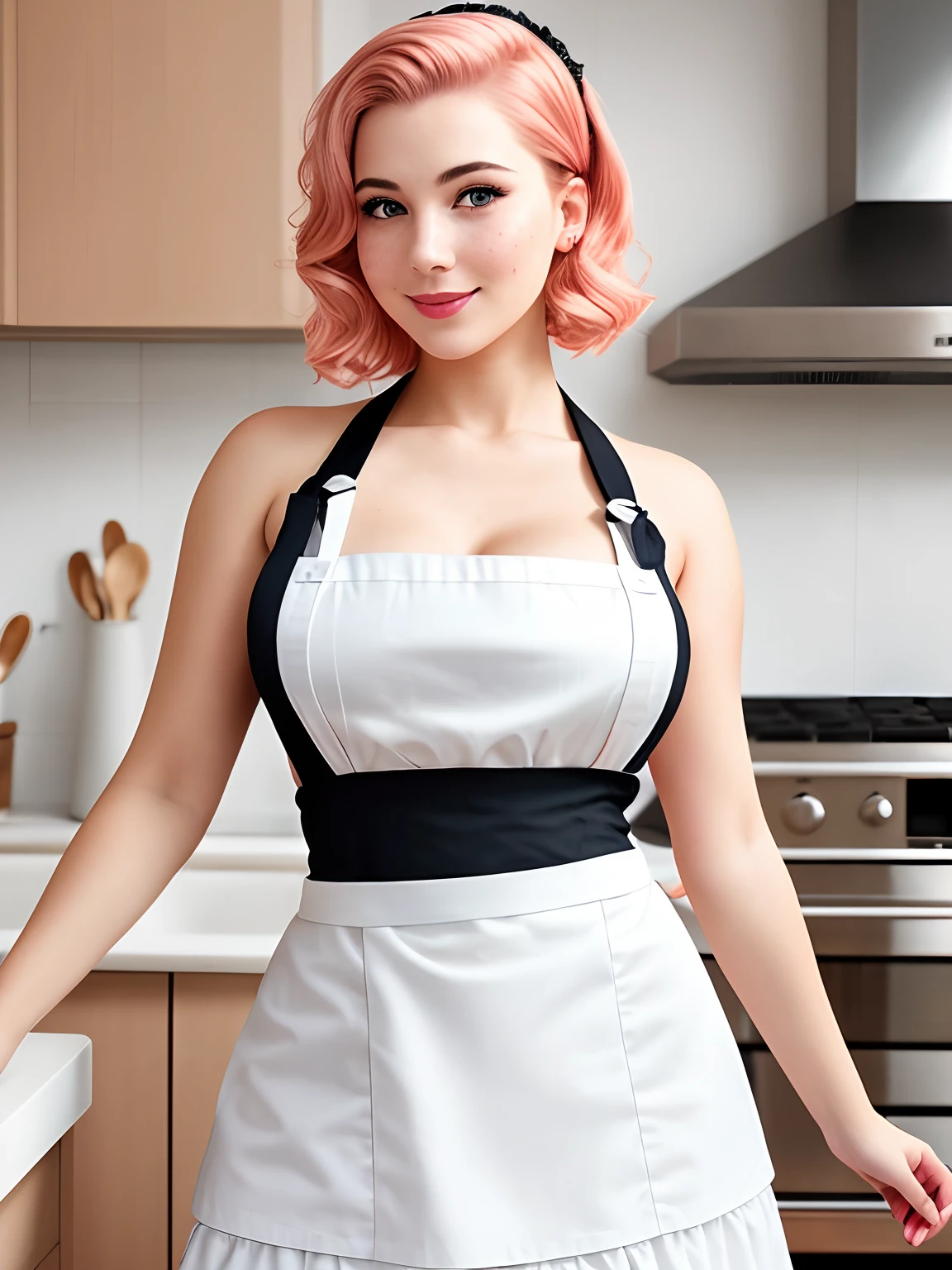 a closeup portrait of a playful maid, undercut hair, apron, amazing body, pronounced feminine feature, busty, kitchen, [ash blonde | ginger | pink hair], freckles, flirting with camera