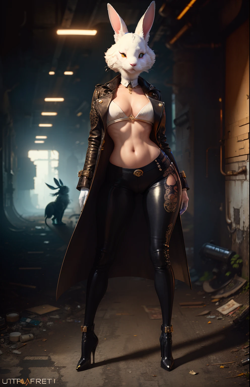 masterpiece, ((ultradetailed)), ((Animal anthropomorphism)), gangster theme, white rabbit, female, cute demeanor, underworld dealings(pistol:1.1),short top,black pants,handsome trench coat, high heeled booties,(abandoned factory), cement ash, brickhighest quality, solo focus, (skimpy:1.04),curvy woman,full body,intricate (high detail:1.1) unrealengine