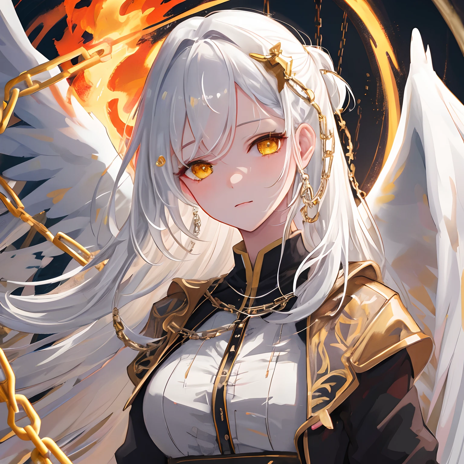 masterpiece, best quality, ultra-detailed, illustration, close-up, straight on, 1girl, white hair, yellow eyes, angel, chains,masterpiece,fancy background,fire,rainstorm