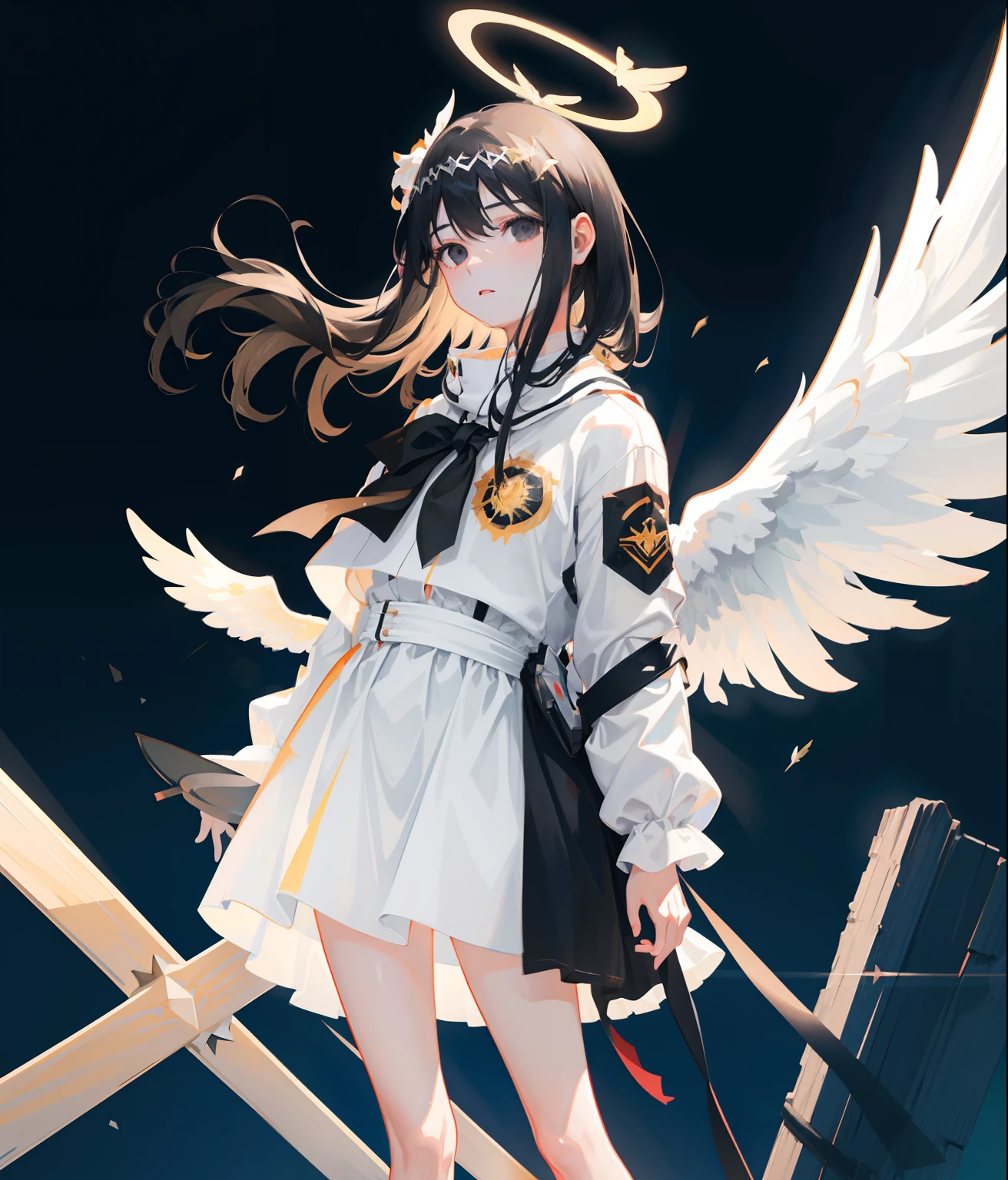 photorealistic, (hyperrealistic:1.2), masterpiece, best quality, 1girl, black hair, angel , innocent, black eyes, diadem, angel wings, white clothes, full body, sky, halo, post-apocalypse,
