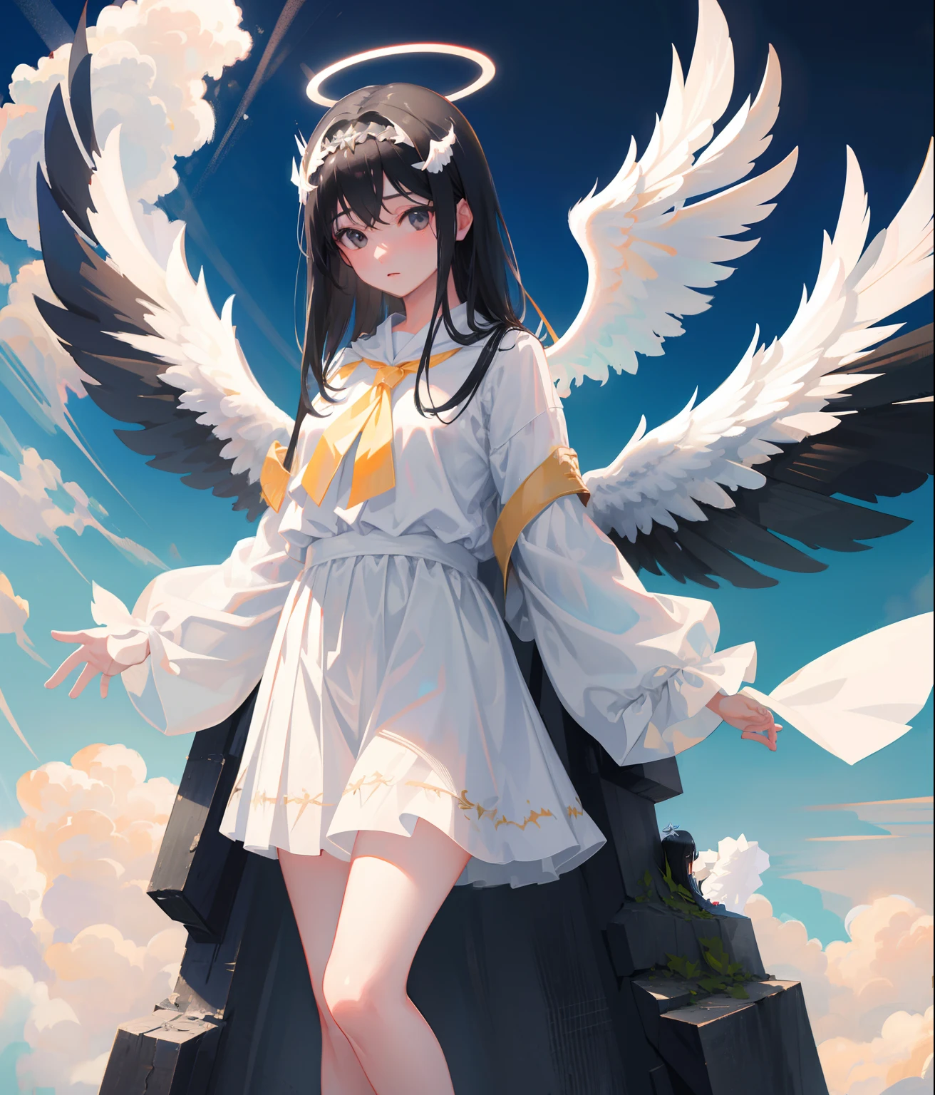 photorealistic, (hyperrealistic:1.2), masterpiece, best quality, 1girl, black hair, angel , innocent, black eyes, diadem, angel wings, white clothes, full body, sky, halo, post-apocalypse,