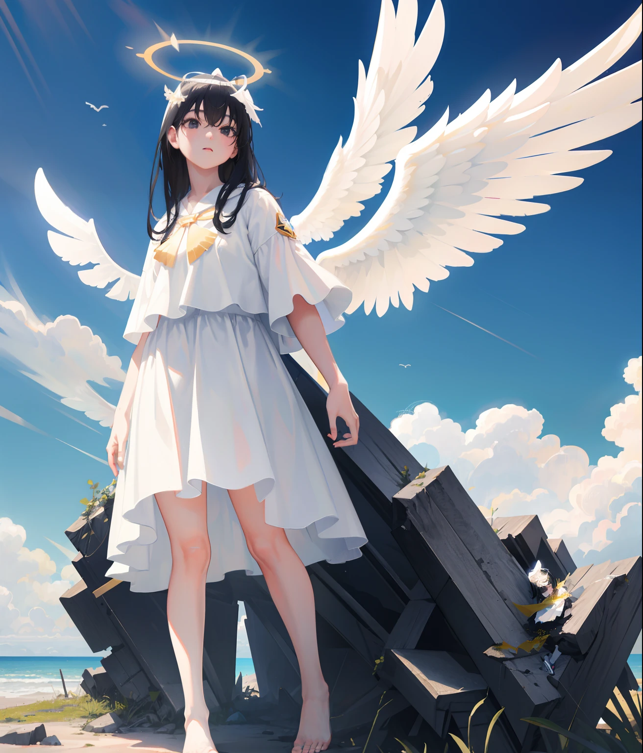 photorealistic, (hyperrealistic:1.2), masterpiece, best quality, 1girl, black hair, angel , innocent, black eyes, diadem, angel wings, white clothes, full body, sky, halo, post-apocalypse,