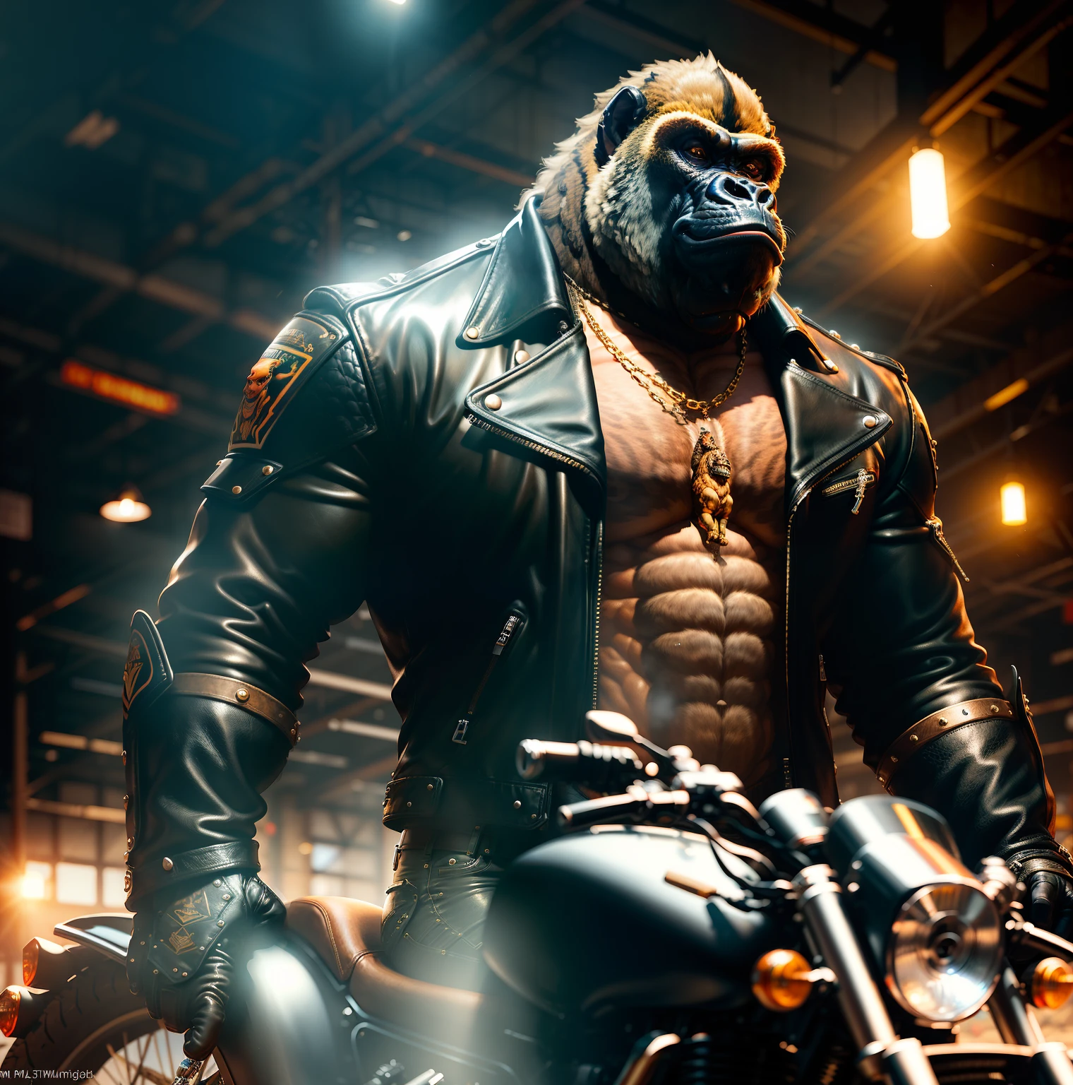 ((best quality)), ((ultradetailed)), ((masterpiece)), illustration, theme: animal mafia, animal: silverback gorilla, build: robust, riding: motorcycle, wearing: gold necklace and leather jacket, holding: MP5, expression: fierce, scene elements: abandoned warehouse, viewpoint: third person, background: dark and gritty atmosphere, resolution: 4K.