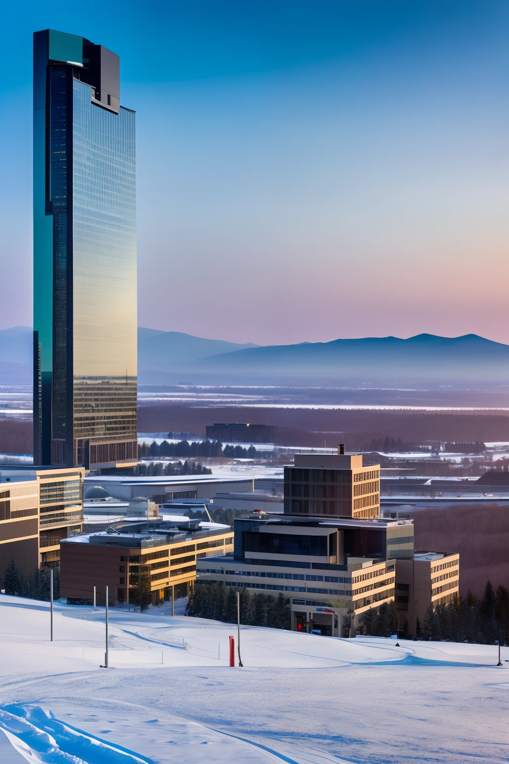 office, skyscraper, city center, snow mountain, outskirts, continuous range, setting sun, shines.