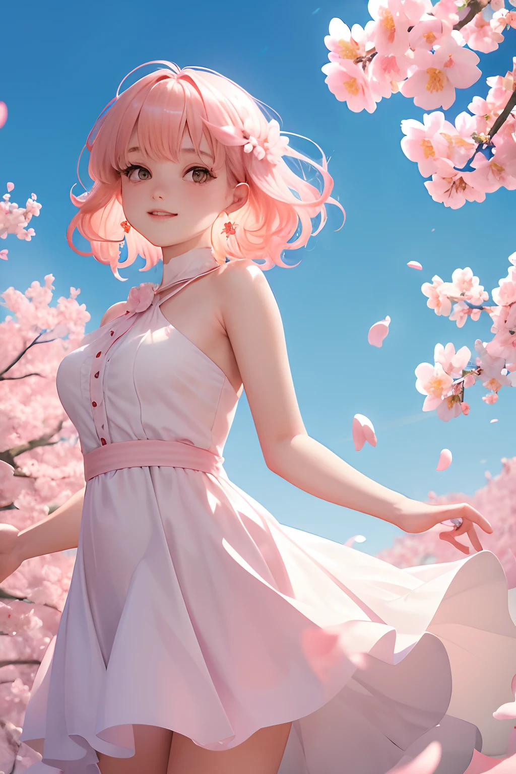 cherry_blossoms, falling_petals, petals, branch, pink_flower, 1girl, blue_sky, spring_\(season\), petals_on_liquid, flower, hanami, dress, Long blond curly hair, solo, day, sky, short_hair, outdoors, cloud, bangs, smile, pink_eyes, white_dress, bare_shoulders, earrings, breasts, holding_flower, wind, tree, looking_at_viewer,cowboy shot,