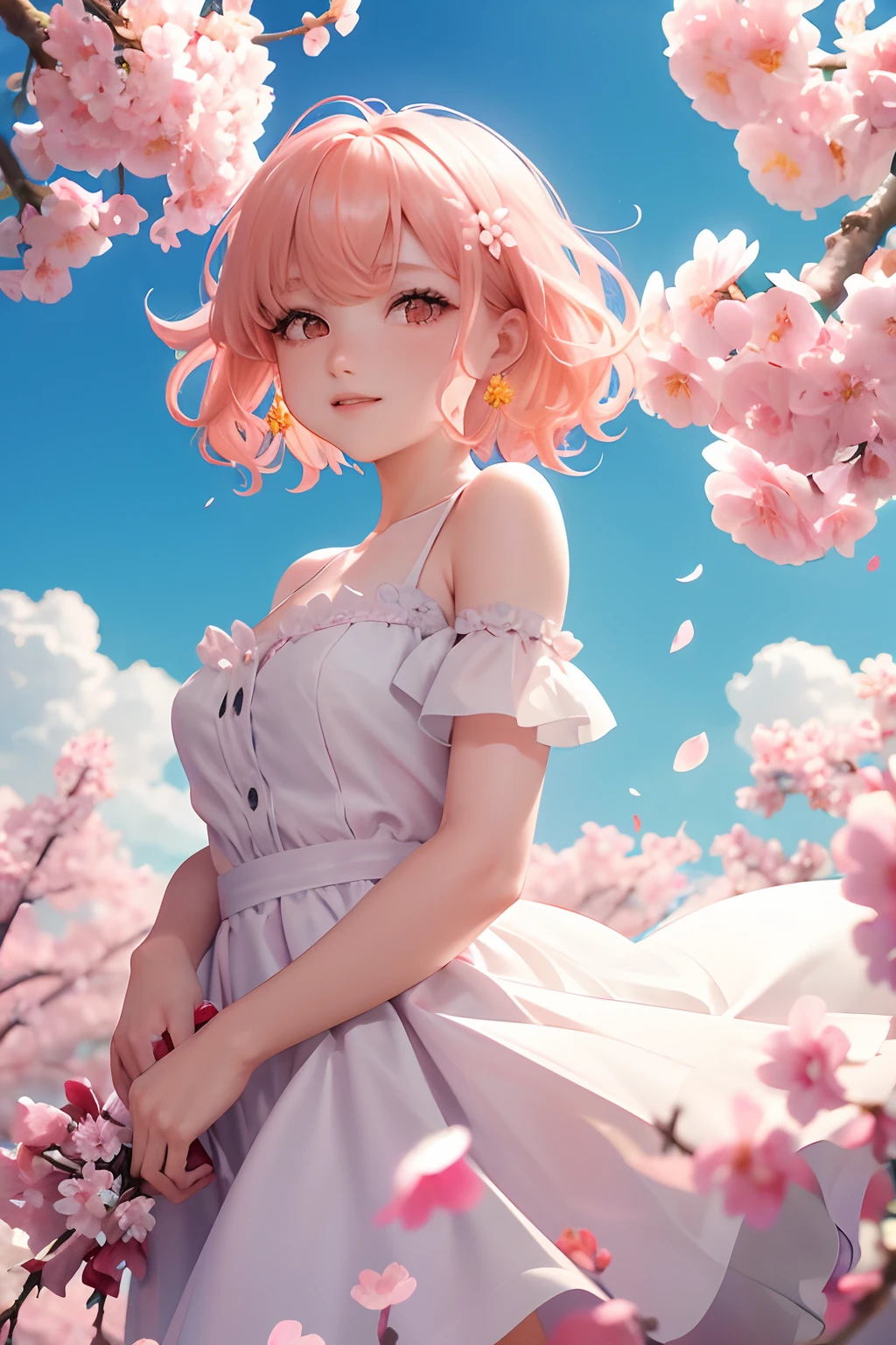 cherry_blossoms, falling_petals, petals, branch, pink_flower, 1girl, blue_sky, spring_\(season\), petals_on_liquid, flower, hanami, dress, Long blond curly hair, solo, day, sky, short_hair, outdoors, cloud, bangs, smile, pink_eyes, white_dress, bare_shoulders, earrings, breasts, holding_flower, wind, tree, looking_at_viewer,cowboy shot,