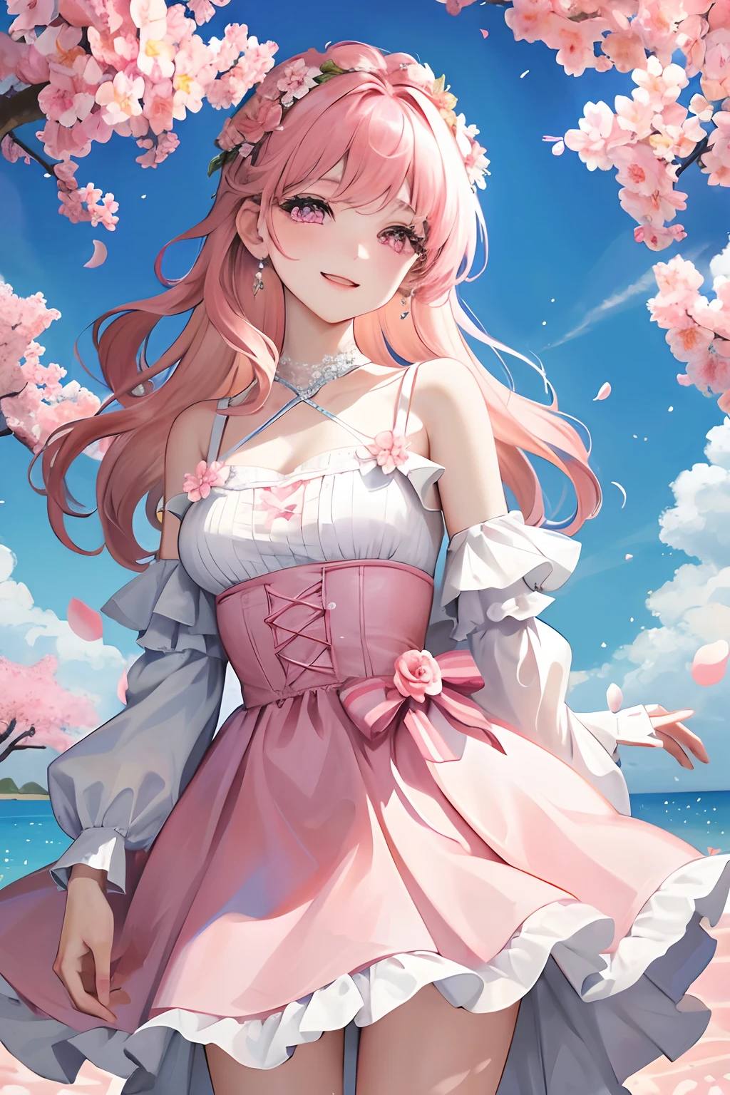 cherry_blossoms, falling_petals, petals, branch, pink_flower, 1girl,20-year-old, blue_sky, spring_\(season\), petals_on_liquid, flower, hanami, dress, (Long blond curly hair:1.5),Wearing a wreath,sky, outdoors, cloud, bangs, smile, pink_eyes, White skirt with cherry blossom embellishments, bare_shoulders, earrings, holding_flower, wind, tree, looking_at_viewer,cowboy shot,