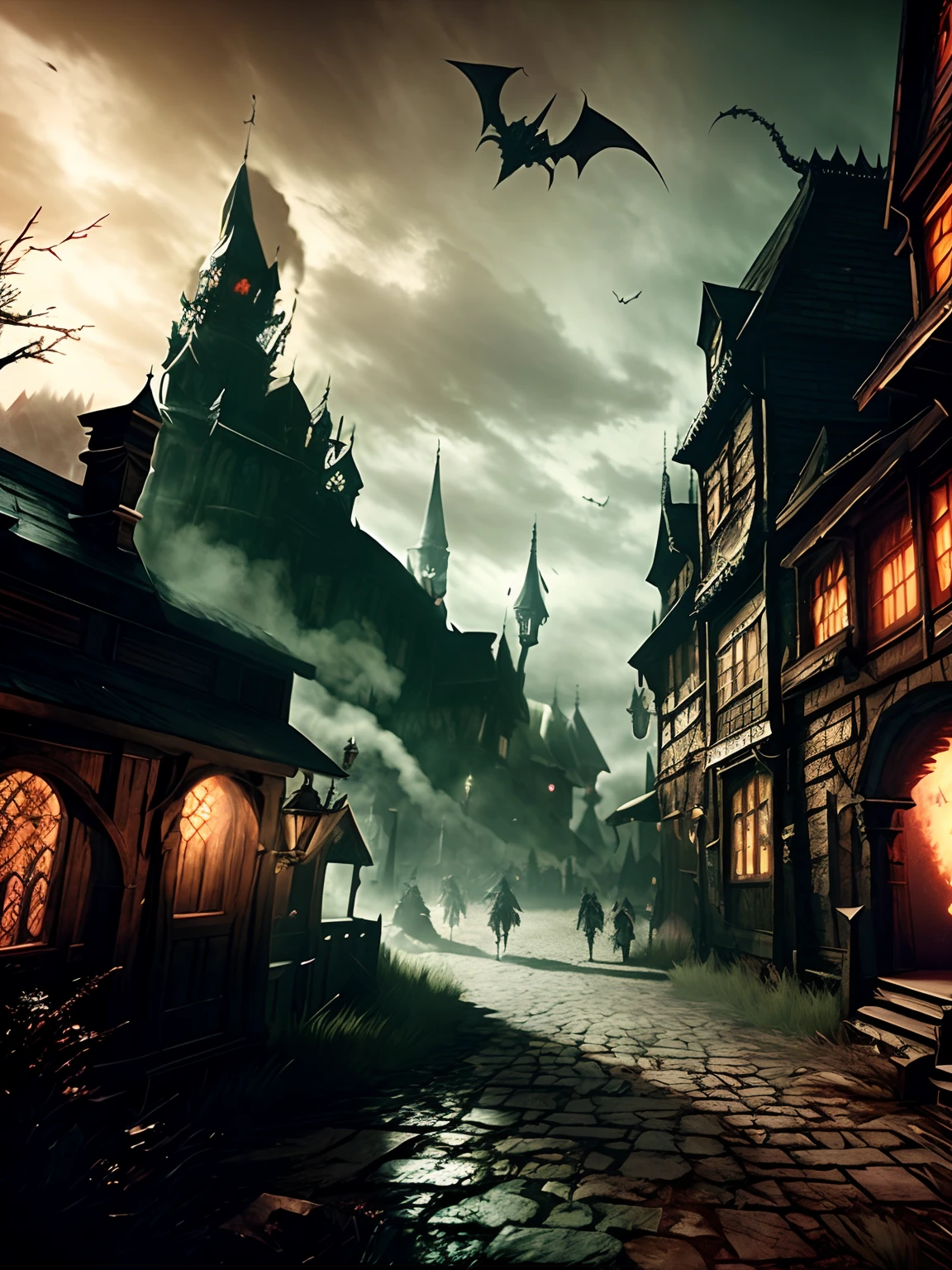 Background: A chaotic world inhabited by races such as demons, witchers, humans, vampires, etc. with a dark and gothic fantasy style. This is a promotional image for a video game.
