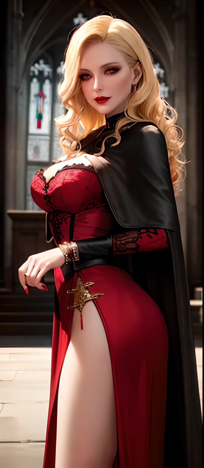 dim light, old church, mature female vampire, flirtatious face, red lips, glowing blue pupils, slim, tall, long blonde curly hair, long black cape, red leotardy long lace-skirt with diamond, gold bracelet, 8k, Unreal engine, highly detailed, octane render