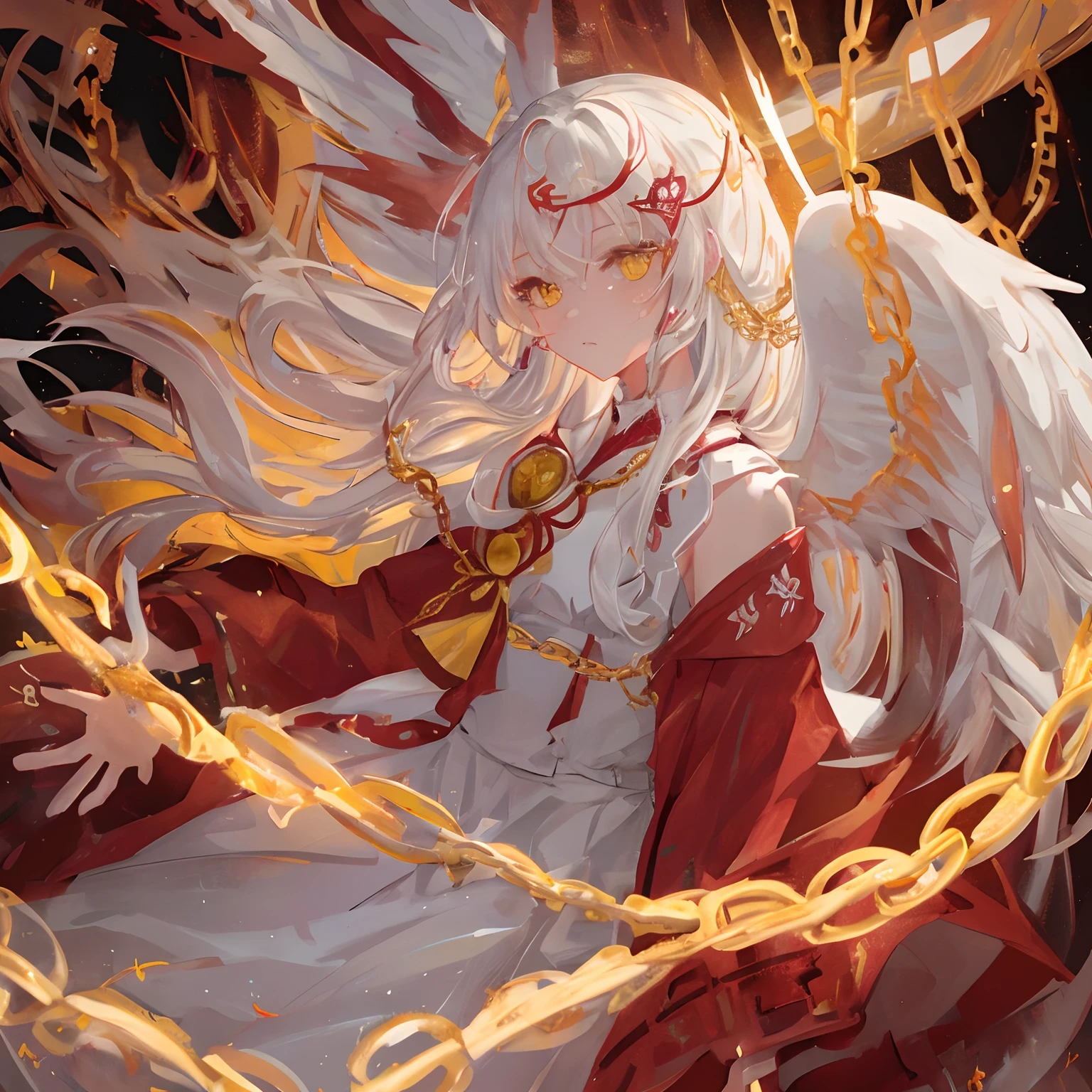 masterpiece, best quality, ultra-detailed, illustration, close-up, straight on, 1girl, long white hair, yellow eyes, angel, chains,masterpiece,fancy background,fire,rainstorm,((red miko outfit))