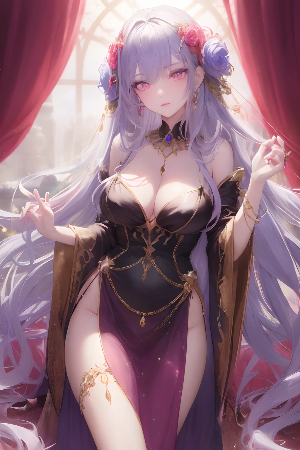 1girl, long_hair, bright_hair_color, seductive_eyes, mysterious_expression, mature_appearance, glamorous_outfit, flowing_dress, elegant_jewelry, intricate_embellishments, magic_symbols, glowing_accessories, potions, scrolls, cute_accents, bows, ribbons, flowers,
