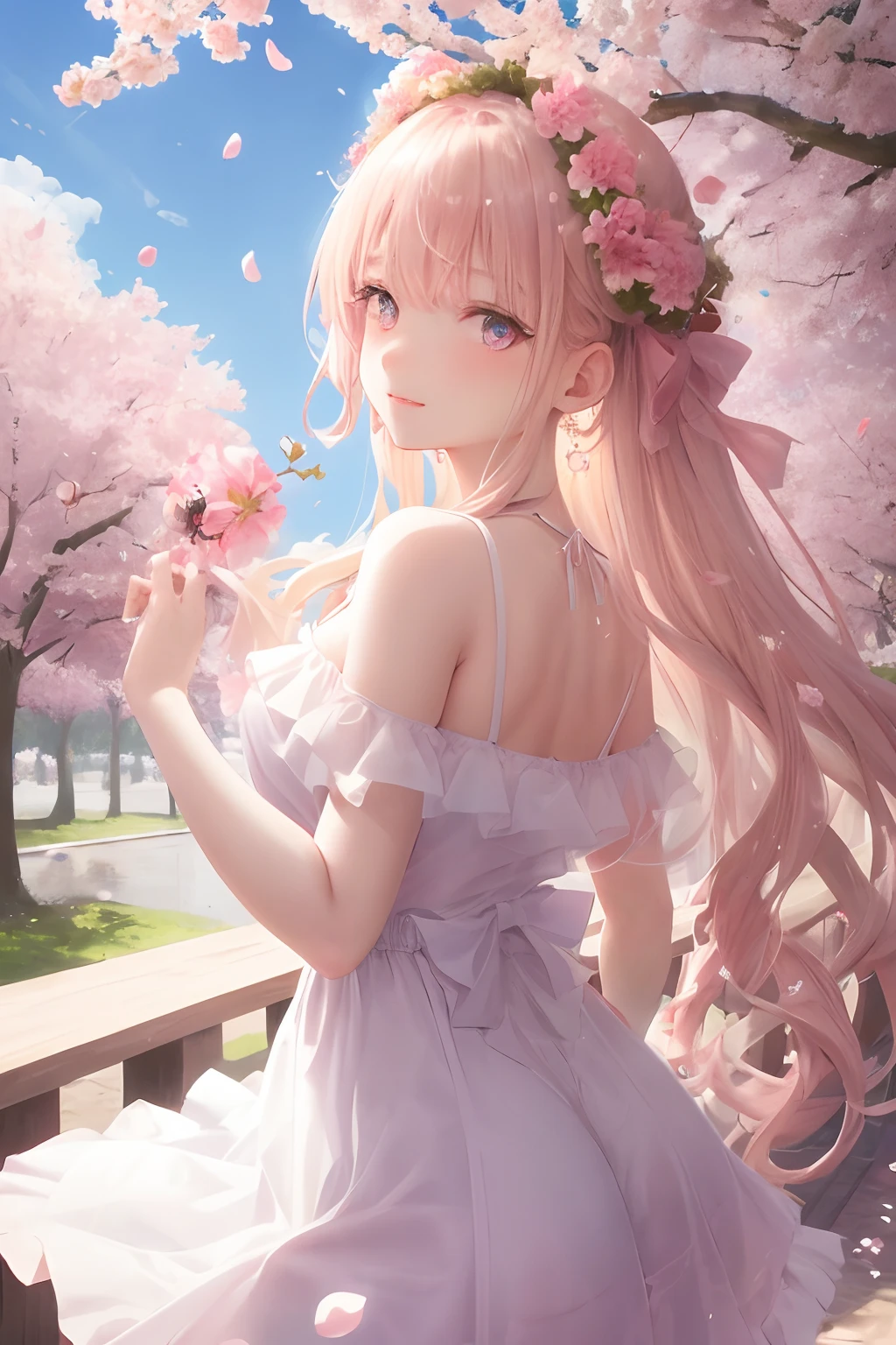 art by Cornflower, dreamy
cherry_blossoms, falling_petals, petals, branch, pink_flower, 1girl,20-year-old, blue_sky, spring_\(season\), petals_on_liquid, flower, hanami, dress, (Long blond curly hair：1.5),Wearing a wreath,sky, outdoors, cloud, bangs, smile, pink_eyes, White skirt with cherry blossom embellishments, bare_shoulders, earrings, holding_flower, wind, tree, looking_at_viewer,cowboy shot,