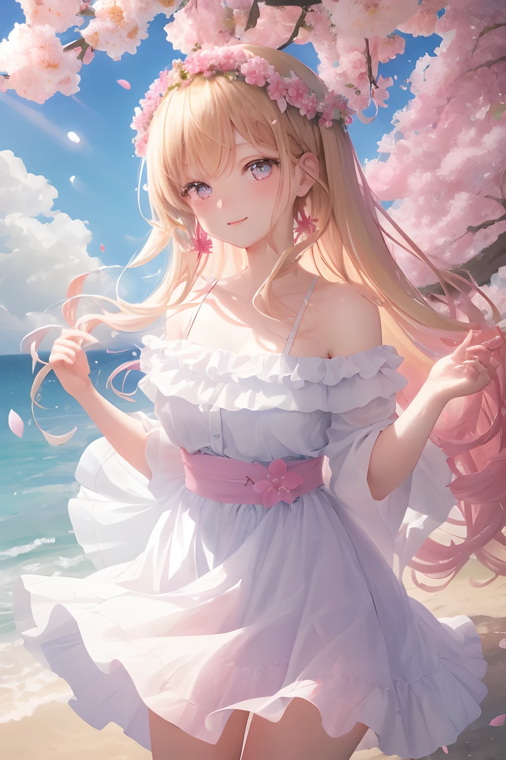 art by Cornflower, dreamy
cherry_blossoms, falling_petals, petals, branch, pink_flower, 1girl,20-year-old, blue_sky, spring_\(season\), petals_on_liquid, flower, hanami, dress, (Long blond curly hair：1.5),Wearing a wreath,sky, outdoors, cloud, bangs, smile, pink_eyes, White skirt with cherry blossom embellishments, bare_shoulders, earrings, holding_flower, wind, tree, looking_at_viewer,cowboy shot,