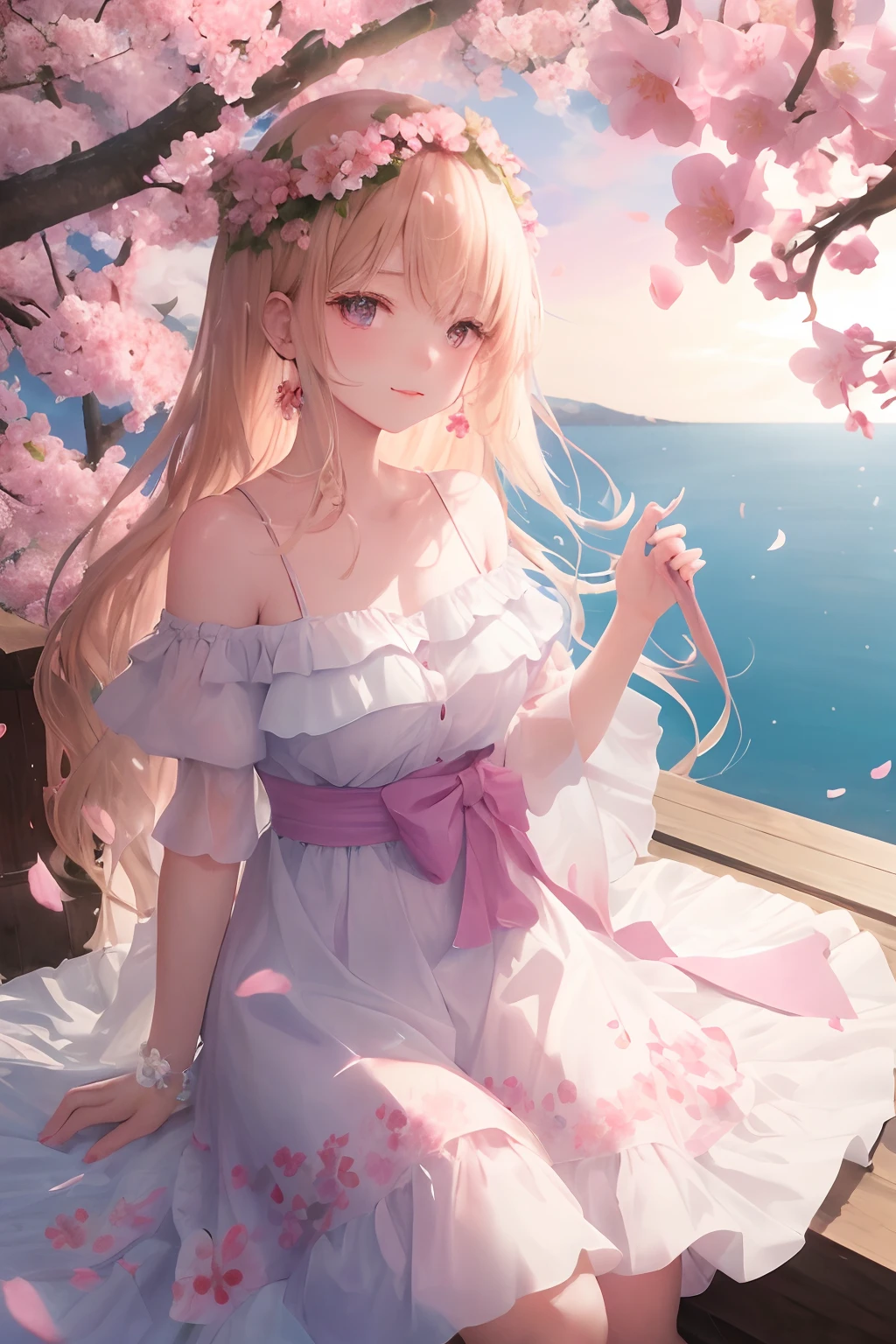 art by Cornflower, dreamy
cherry_blossoms, falling_petals, petals, branch, pink_flower, 1girl,20-year-old, blue_sky, spring_\(season\), petals_on_liquid, flower, hanami, dress, (Long blond curly hair：1.5),Wearing a wreath,sky, outdoors, cloud, bangs, smile, pink_eyes, White skirt with cherry blossom embellishments, bare_shoulders, earrings, holding_flower, wind, tree, looking_at_viewer,cowboy shot,