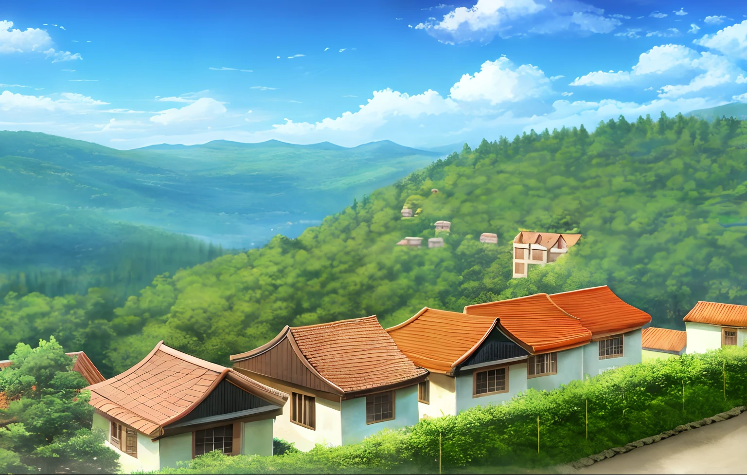 scenery, forest, village, well, sky, clouds