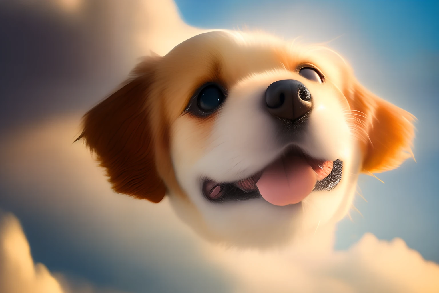 award winning portrait of a flying happy puppy in the clouds, bokeh, backlit