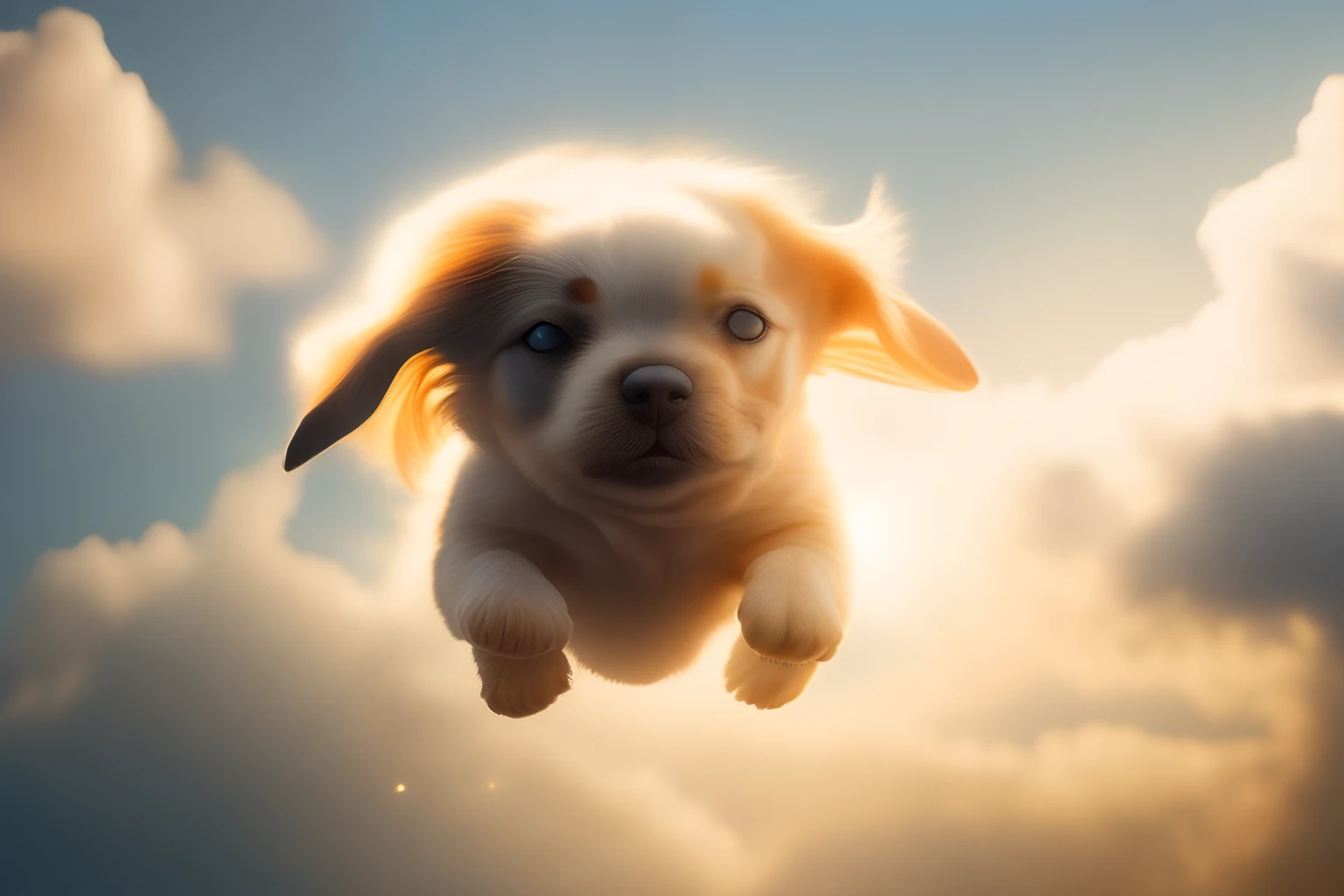 award winning portrait of a flying happy puppy in the clouds, bokeh, backlit